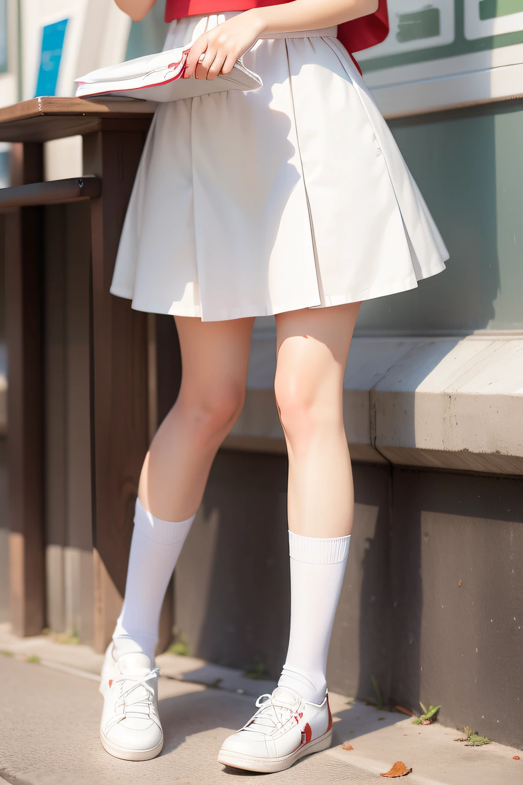  girls，Single horsetail，Red and white school uniform top，Short white dress，White silk and white socks，white shoe