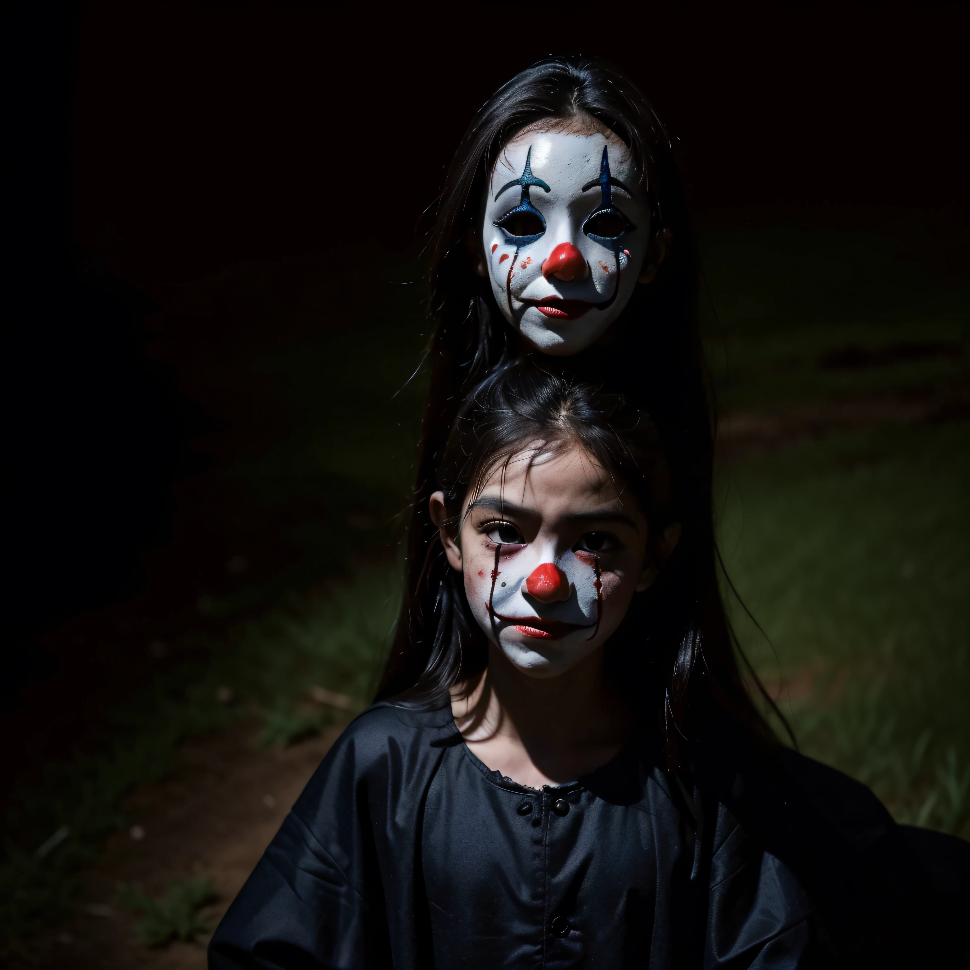 (extremadamente detallado, obra maestra, La mejor calidad, foto antigua, principios de siglo) dark kids with horror clown masks, colmillos, una linterna directa lo ilumina, bosque de noche. plano cercano. sangre por el suelo.