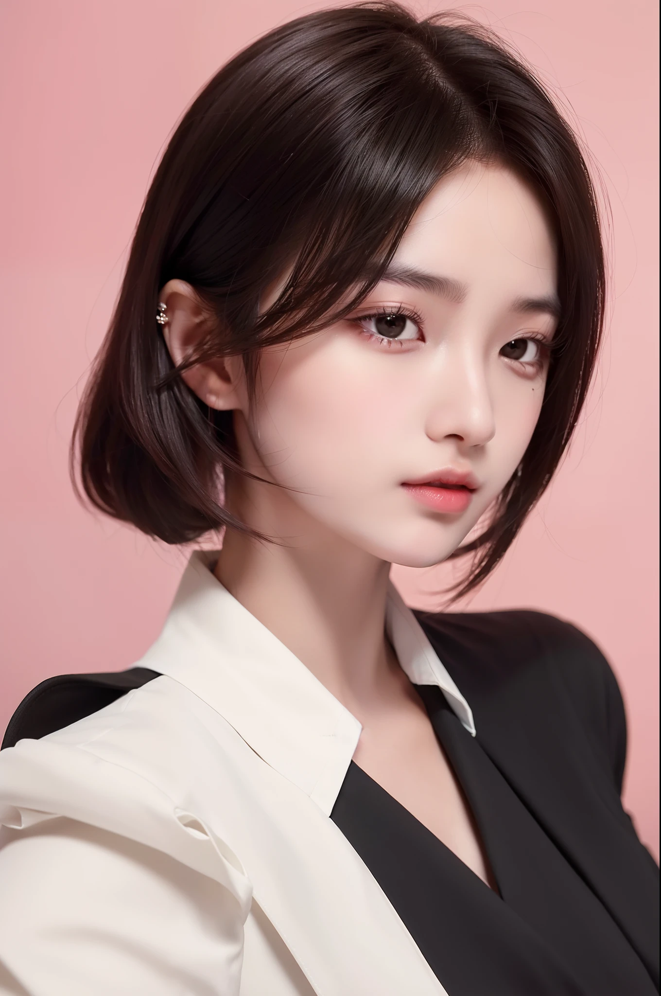 Best quality, high details, high resolution, HD, 16k,Close-up photo of shoulder-length short black hair girl in suit uniform, ultraclear, Flawless and delicate face, True delicate skin, big breasts beautiful, Delicate and clear eyes, Look at the screen, Simple, (simple Red background)