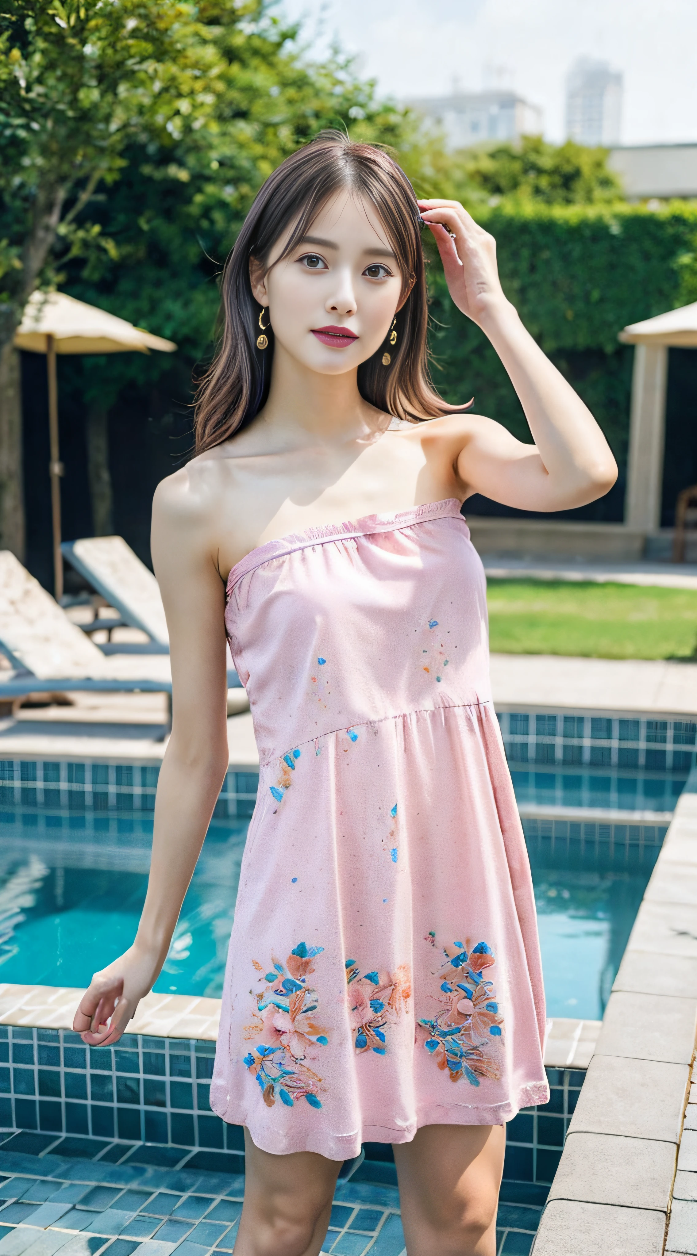 (8K、Raw photography、top-quality、masterpiece:1.2)、32K、ultra res、fully body photo、(Composition from the knee up:2.0)、medium distance shot:1.7、200mm telephoto lens:1.8、body facing forward:2.0、Full body portrait、rialistic photo、((Strapless Pink Floral Camisole Long Dress:1.6))、(realisitic、Photorealsitic:1.37)、超A high resolution、depth of fields、Soft lighting、Caustics、Canon EOS、masterpiece、ultra-detailliert、pylons、(8K、Raw photography、top-quality、masterpiece:1.2)、32K、ultra res、rialistic photo、(realisitic、Photorealsitic:1.37)、超A high resolution、depth of fields、Caustics、Canon EOS、masterpiece、ultra-detailliert、fully body photo、1girl in、独奏、in poolside、Slender Abs、flat breast、small tits、Bust 70 cm、Hip 82 cm、Slender body、big breasts thin waist、The crotch is clear、tiny chest、small hip、Model grade ratio、Vibrant poses、Super cute full body photo、1girl in、Long hair swaying in the wind:1.4、is standing、in poolside、Slender Abs、Waist 52 cm、flat breast、small tits、Bust 70 cm、Hip 82 cm、Slender body、big breasts thin waist、tiny chest、small hip、Model grade ratio、Vibrant poses、Super Cute