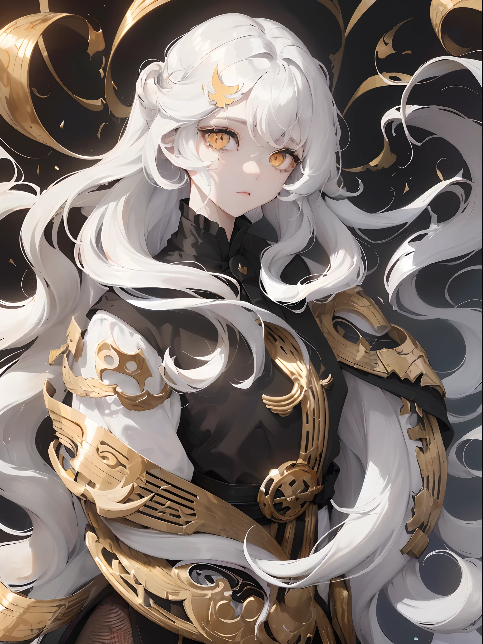 1woman, ((long wavy hair)), ((half of her hair is white and the other half of her hair is black split into two colors)), swept bangs, ((golden eyes)), expressionless, modern clothes