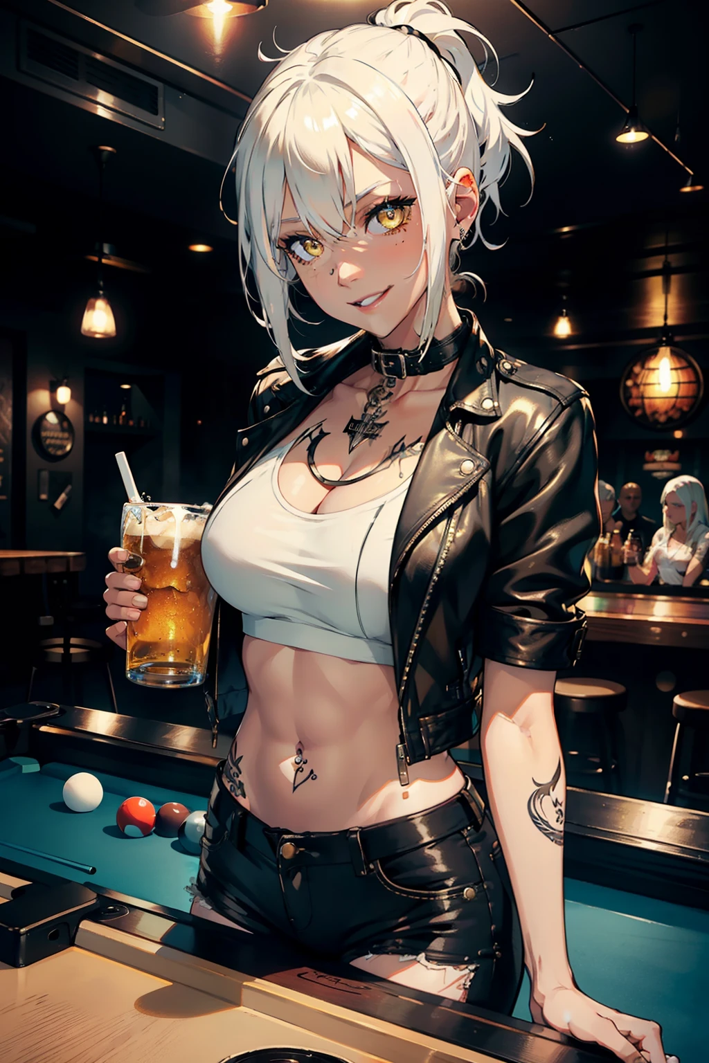 girl, white hair, Yellow eyes, black skin, wearing black leather jacket, white shirt, short jeans in a bar, Holding a beer mug, Tattoed arm, ,smiling, pool table background, alcohol, drunk face, 4k, good anatomy, play master, detailed face, whin