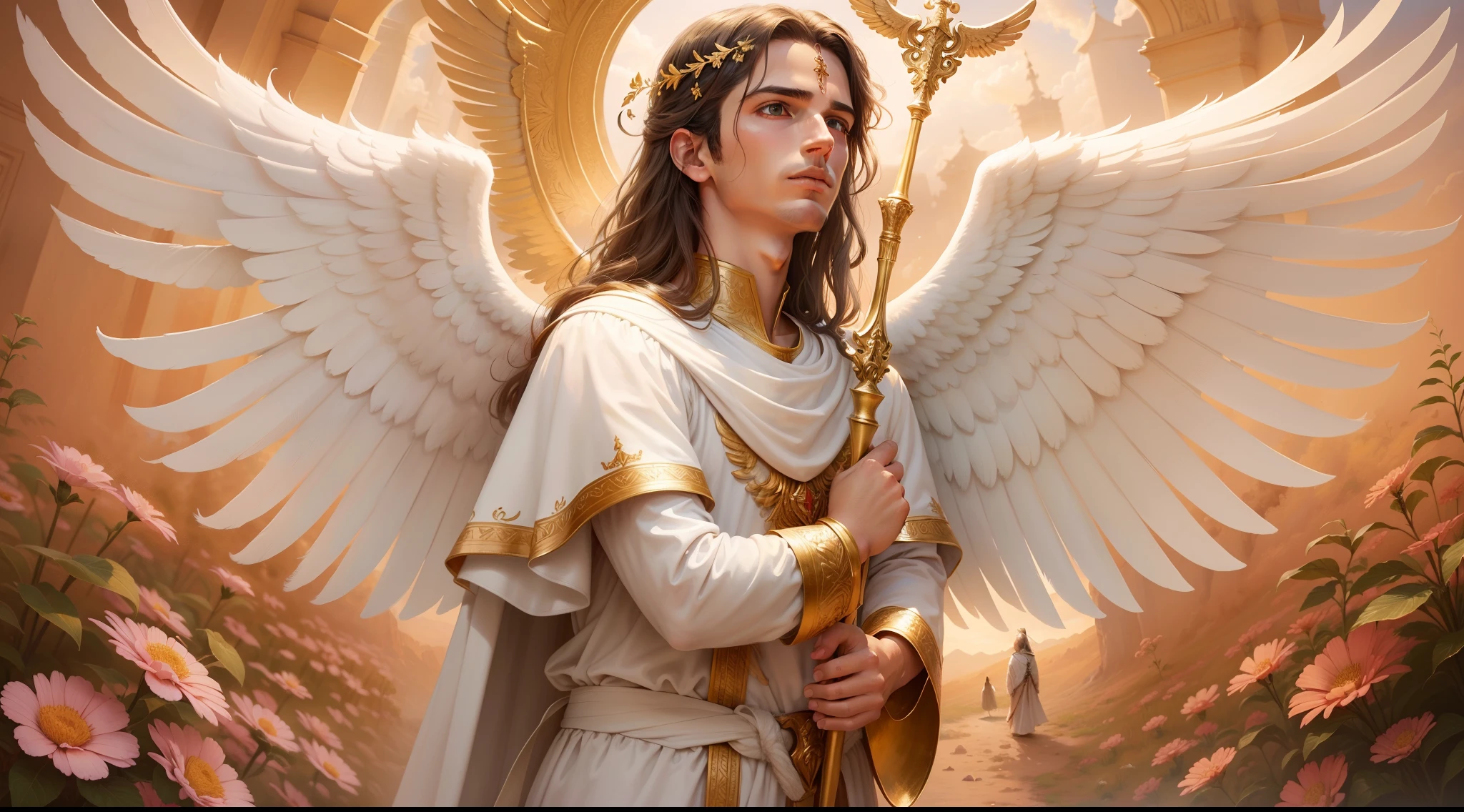 There is a painting of an angel with wings in the sky, Anjo majestoso de corpo inteiro, vestido com roupas brancas e vermelhas, biblical accurate angel, Arcanjo Miguel, anjo protegendo em guarda, angel spirit guide, angelic, Arcanjo Miguel, humano alado, epic angel wings, anjo lindo, anjo, being brilliant angelic, angelic, Tema de anjo, Alto Anjo tiro distante, Biblical setting, anjo guerreiro, with a spear in his hand, vestes vermelhas estilo soldado romano, anjo aparentando idade de 40 anos e majestoso