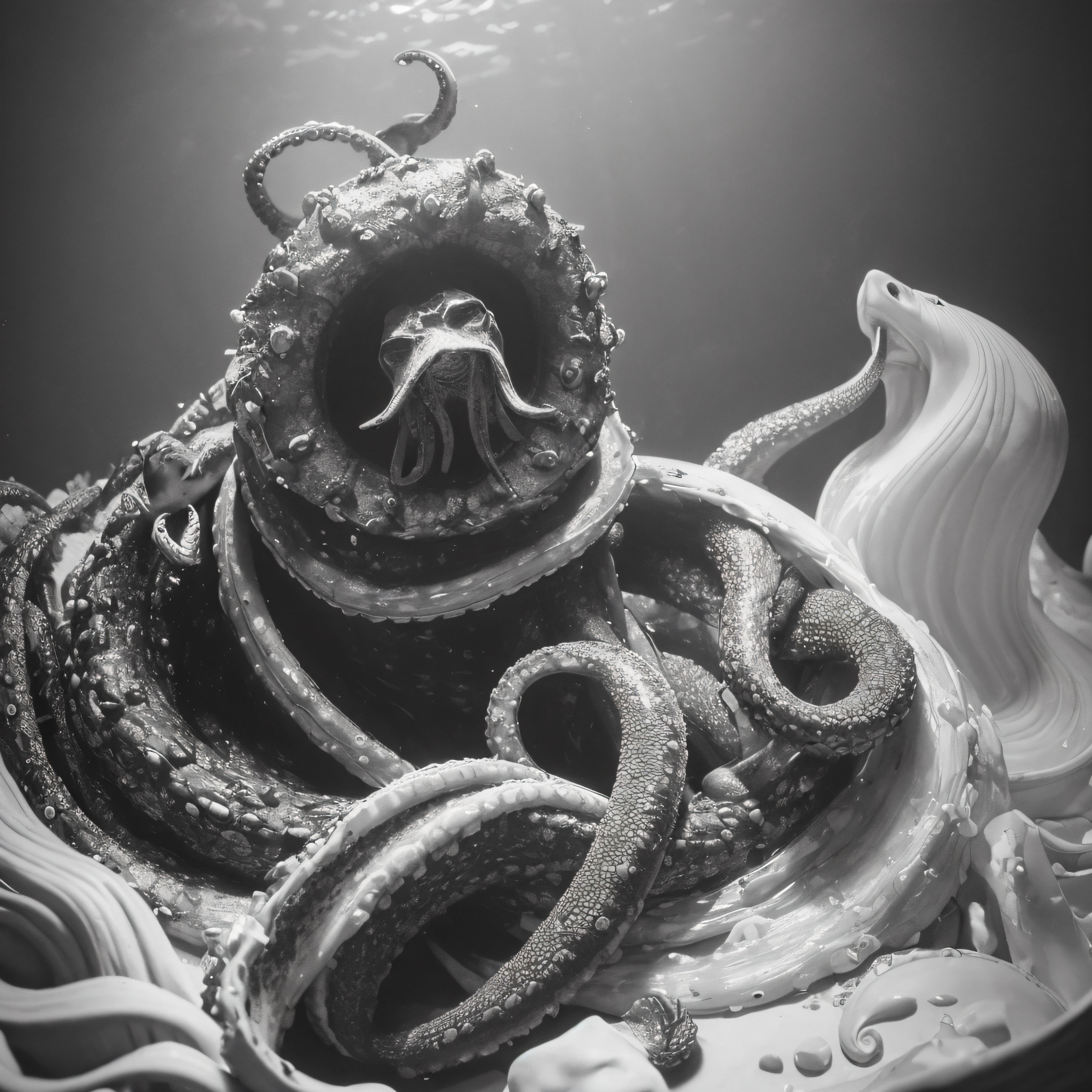 (extremadamente detallado, obra maestra, La mejor calidad), Estilo oscuro, intense illumination, rostro con arrugas, lengua larga, tentacle, deforme, monstruoso, interior de una piscina de agua verdosa, imagen submarina, alien con Colmillos finos, pico de pulpo amenazante. manchas de tinta. Rococo composition. Luz de caravaggio