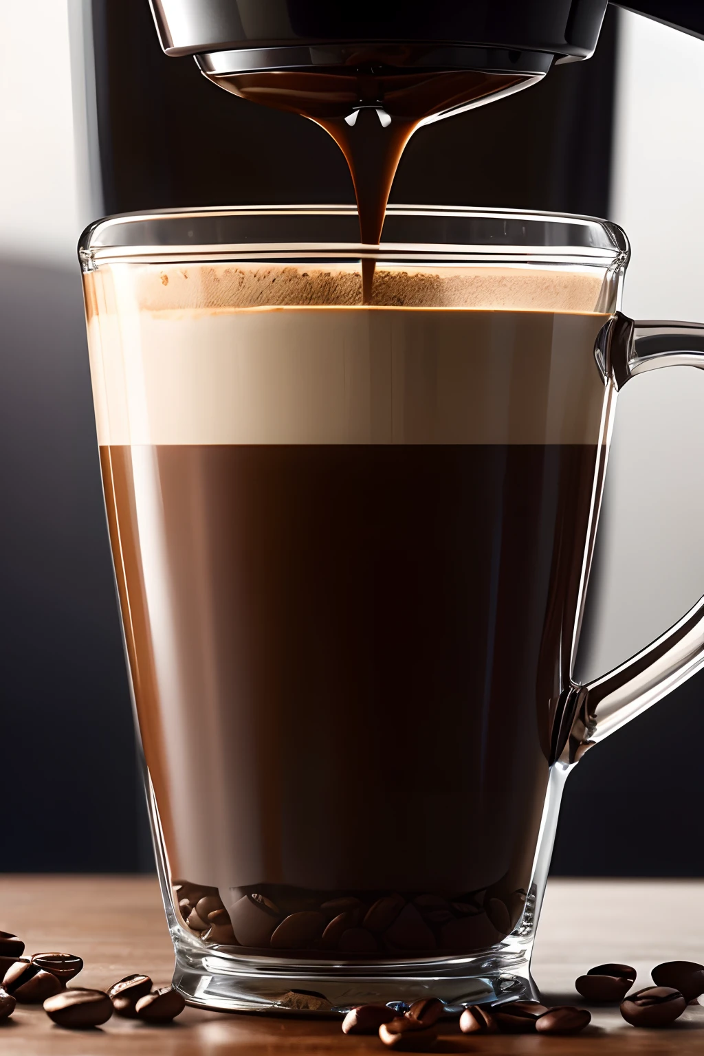 Macro photograph of the detail of espresso coming out of the Italian coffee maker to the transparent glass cup. Coffee beans adorn the scene. Hyper-realistic detail of the machine, of the cup and the coffee dropping creamy. kinematic lighting, 8k