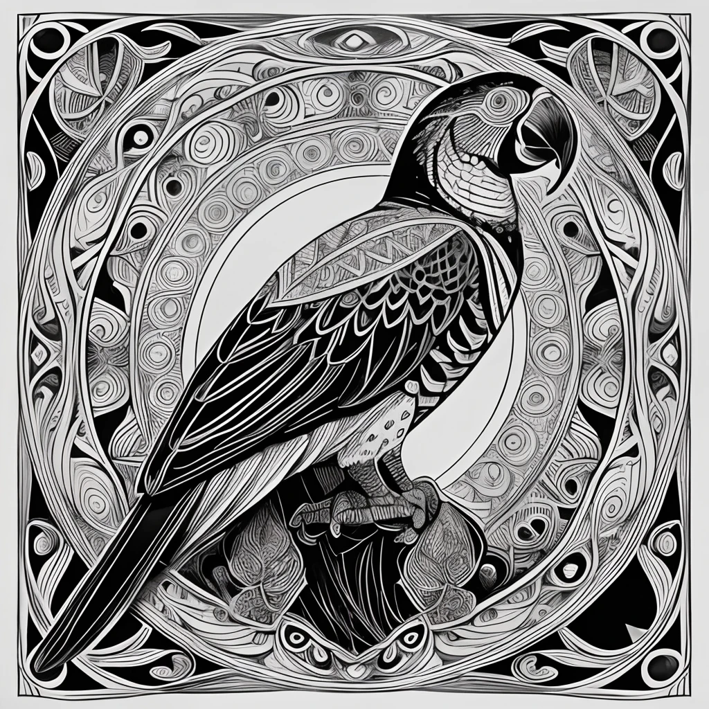 parrot, black and white, zentangle (best quality) ultra-detailed, fine line drawing, fine line art, coloring book illustration style, intricate linework, highly detailed illustration, perfect composition, beautiful and stunning, dynamic angle, high contrast, incredible shading, incredible detail, unique style, black and white details, (dark and mystical atmosphere), intricate and detailed nature elements.
