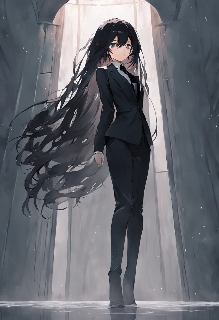 8K delicate perfect real 2D black long hair black eyes mature young woman wearing black suit, legs wearing black silk, delicate face, mature figure(Full body photo)Leaning against a white wall, looking ahead, his face is cold