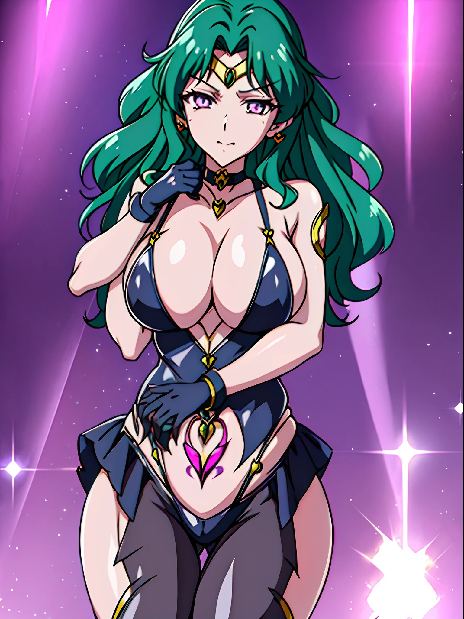 Evil magical girl in revealing costume stands alone. female solo. Sailor Neptune. Her outfit consists of latex fabric and transparent tights. She wears sharp black bikini armor. Sharply angled hair ornament on her head. Sharp claws on her fingertips. Heart tattoo around her navel. Pink eyes shining with light. Futuristic machine on background