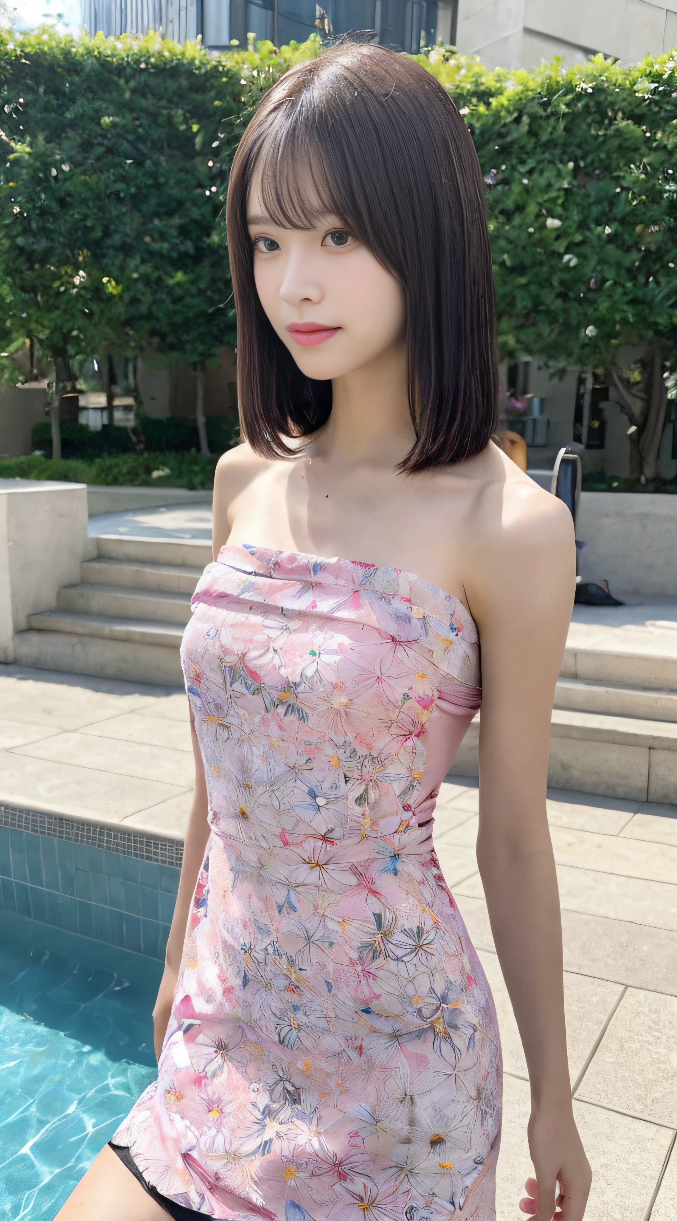 (8K、Raw photography、top-quality、masterpiece:1.2)、32K、ultra res、fully body photo、(Composition from the knee up:2.0)、medium distance shot:1.7、200mm telephoto lens:1.8、body facing forward:2.0、Full body portrait、rialistic photo、((Strapless Pink Floral Camisole Long Dress:1.8))、(realisitic、Photorealsitic:1.37)、超A high resolution、depth of fields、Soft lighting、Caustics、Canon EOS、masterpiece、ultra-detailliert、pylons、(8K、Raw photography、top-quality、masterpiece:1.2)、32K、ultra res、rialistic photo、(realisitic、Photorealsitic:1.37)、超A high resolution、depth of fields、Caustics、Canon EOS、masterpiece、ultra-detailliert、fully body photo、1girl in、独奏、in poolside、Slender Abs、flat breast、small tits、Bust 70 cm、Hip 82 cm、Slender body、big breasts thin waist、The crotch is clear、tiny chest、small hip、Model grade ratio、Vibrant poses、Super cute full body photo、1girl in、Long hair swaying in the wind:1.4、is standing、in poolside、Slender Abs、Waist 52 cm、flat breast、small tits、Bust 70 cm、Hip 82 cm、Slender body、big breasts thin waist、tiny chest、small hip、Model grade ratio、Vibrant poses、Super Cute