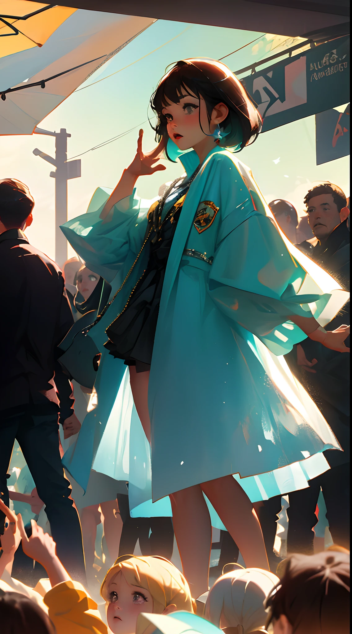 masterpiece, best quality, surrounded, multiple others, exhibitionism, audience, background characters, crowd, public humiliation, sun, loli, medium hair,