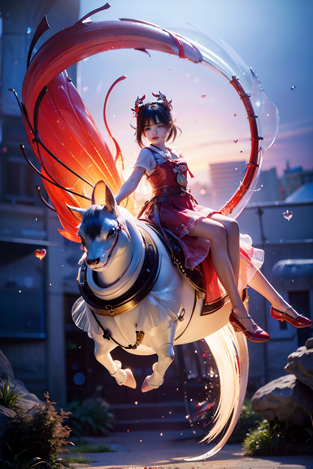 a little lovely kid girl,Riding a giant lovely carp,The red scales of the carp sparkle,transparent glass texture,3D, All characters in detailed full body, Highly detailed, vibrant, Ultra high quality, hyper photorealism, Photorealism, rendering by octane,Glass texture
