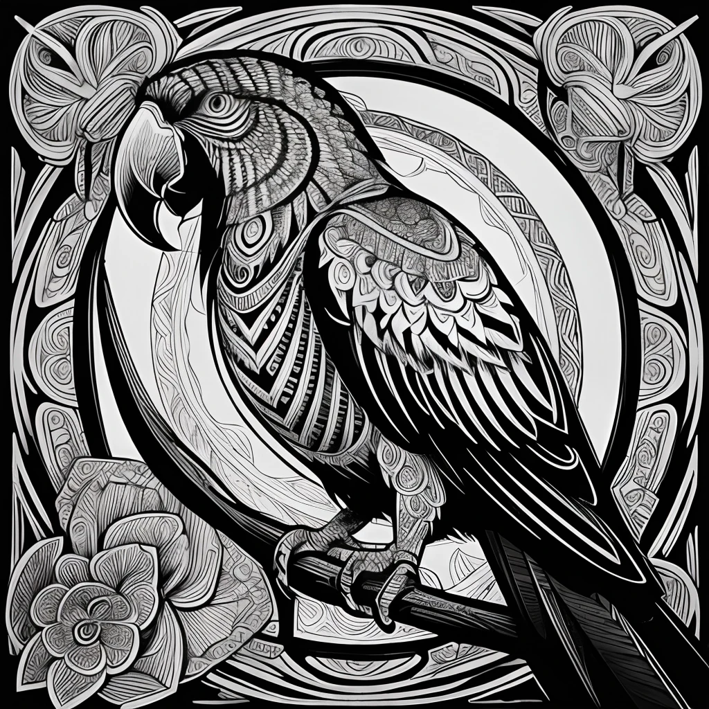 parrot, black and white, zentangle (best quality) ultra-detailed, fine line drawing, fine line art, coloring book illustration style, intricate linework, highly detailed illustration, perfect composition, beautiful and stunning, dynamic angle, high contrast, incredible shading, incredible detail, unique style, black and white details, (dark and mystical atmosphere), intricate and detailed nature elements.