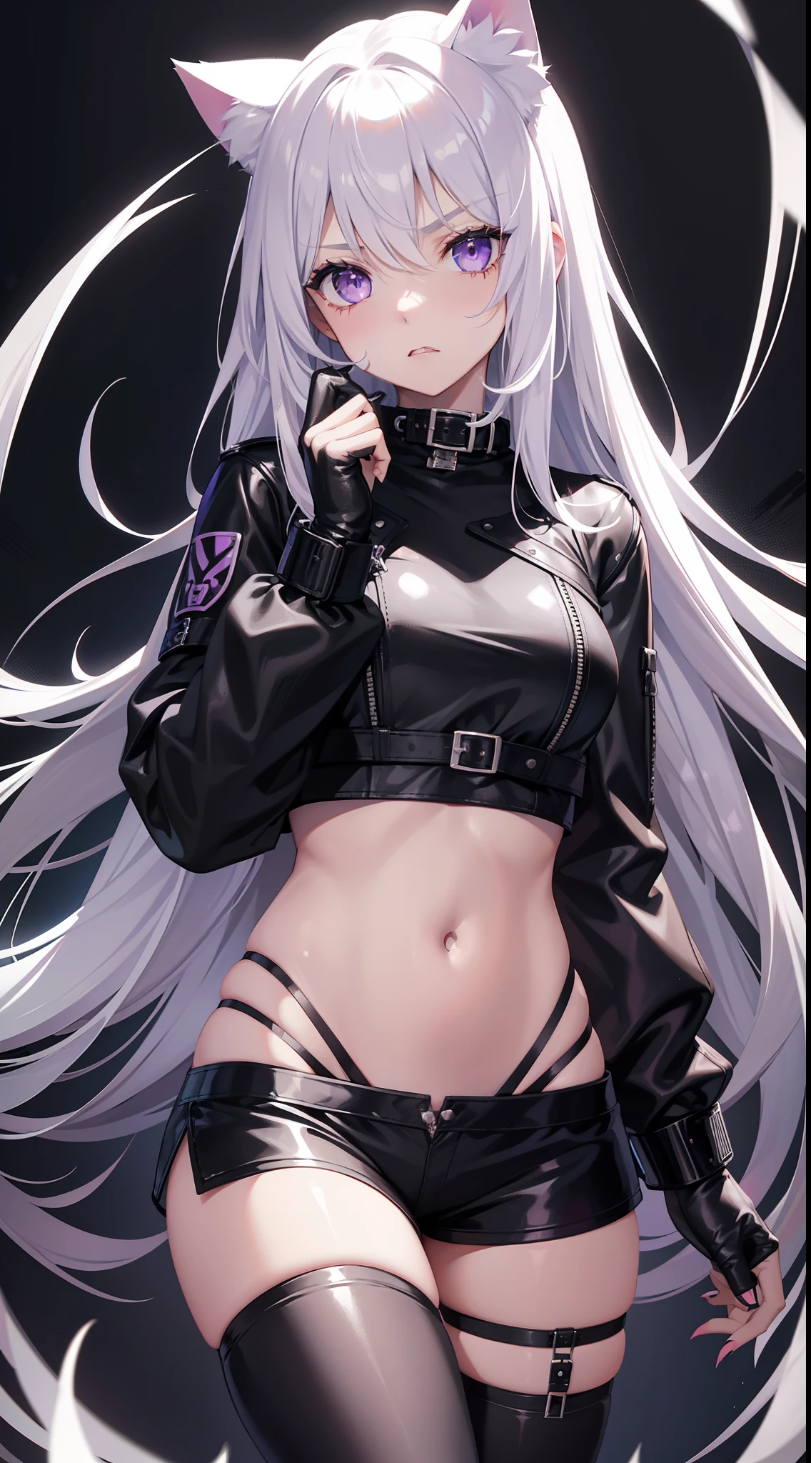 young girl, Long white hair, cat ears, violet eyes, leather jacket, briefs, tear stockings, Black Top, open belly, Lots of scars, claws, anger, Masterpiece, hiquality