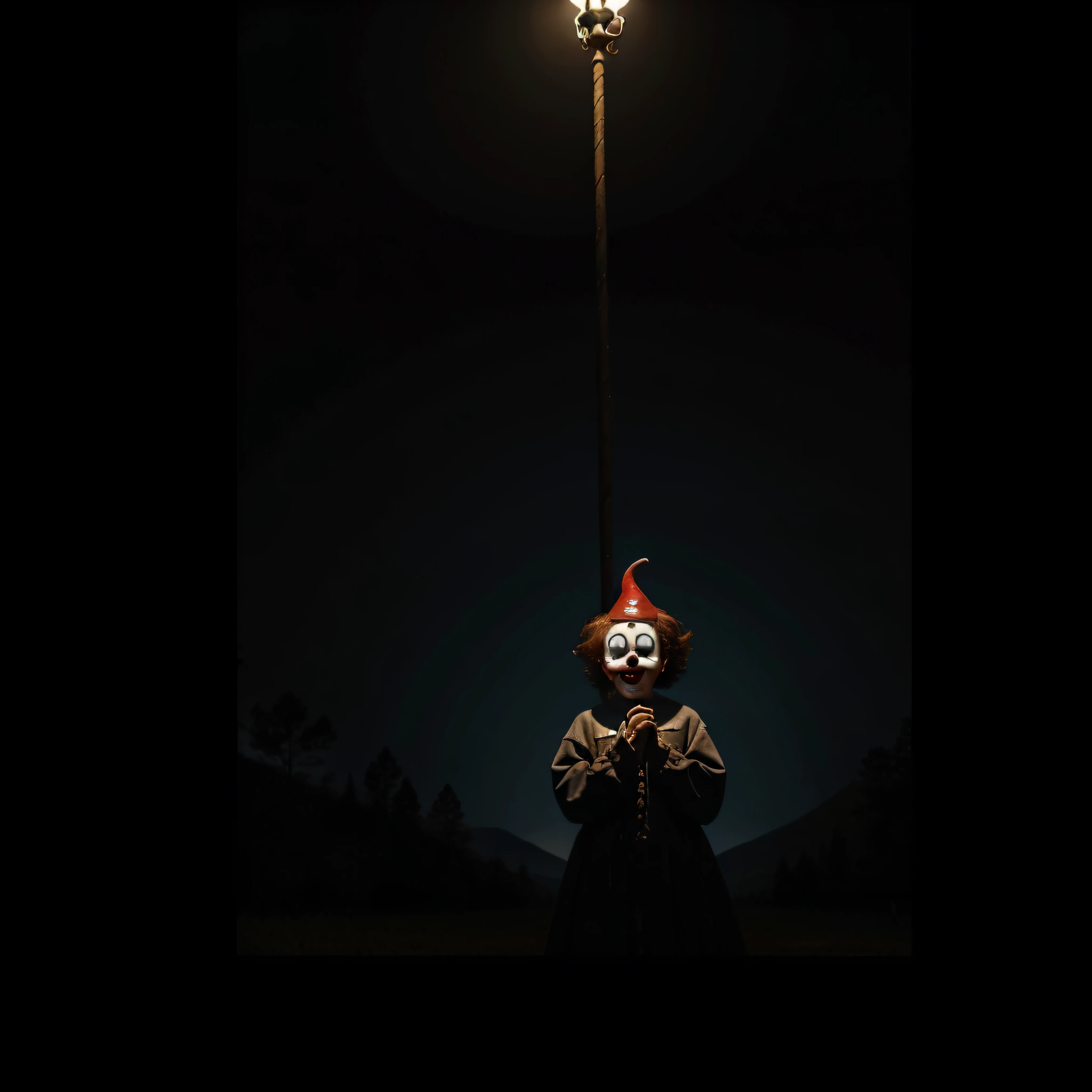 (extremadamente detallado, obra maestra, La mejor calidad, foto antigua, principios de siglo) dark kids with horror clown masks, colmillos, una linterna directa lo ilumina, bosque de noche. plano cercano. sangre por el suelo.
