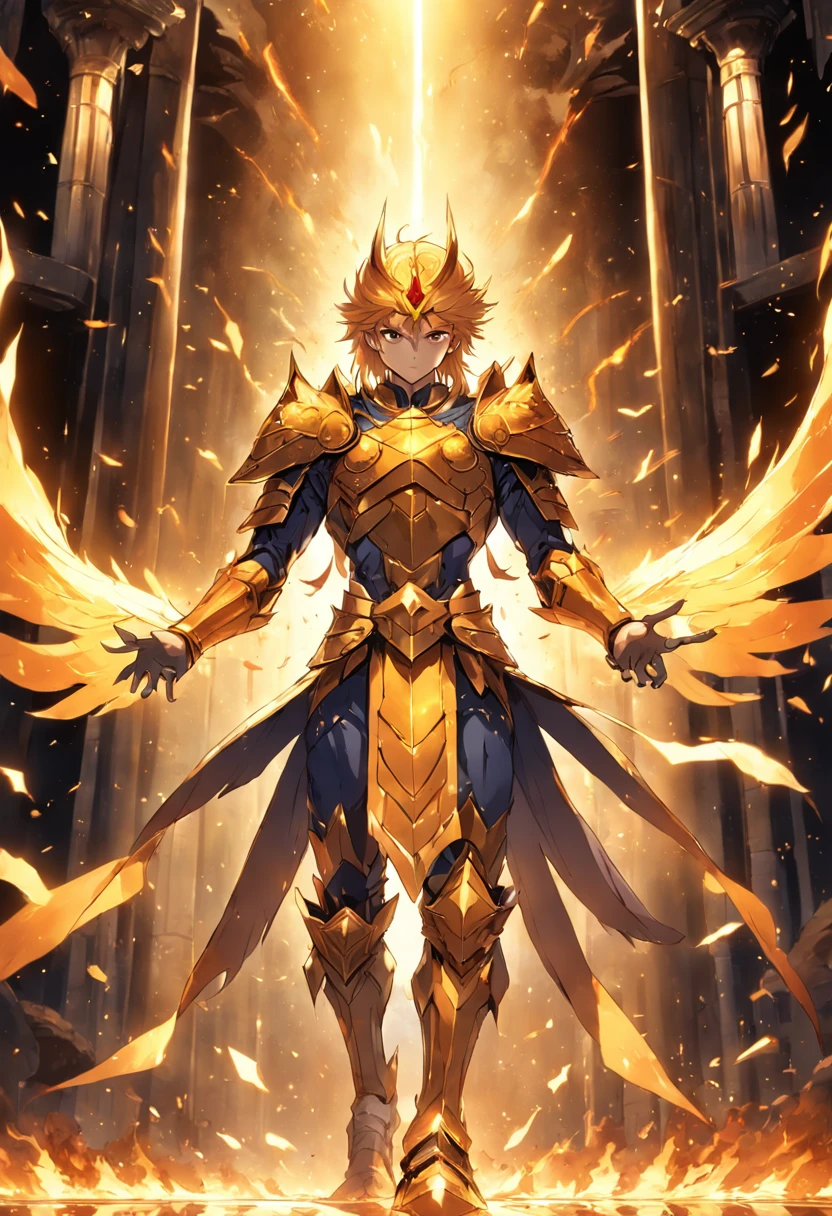 iki from phoenix, 1 man, knight of phoenix, Anime Knights of the Zodiac, Anime saint Seyia, fantasy image, knight of phoenix walking shrouded in golden crystal shards and fire, highly detailed destroyed greek temple background