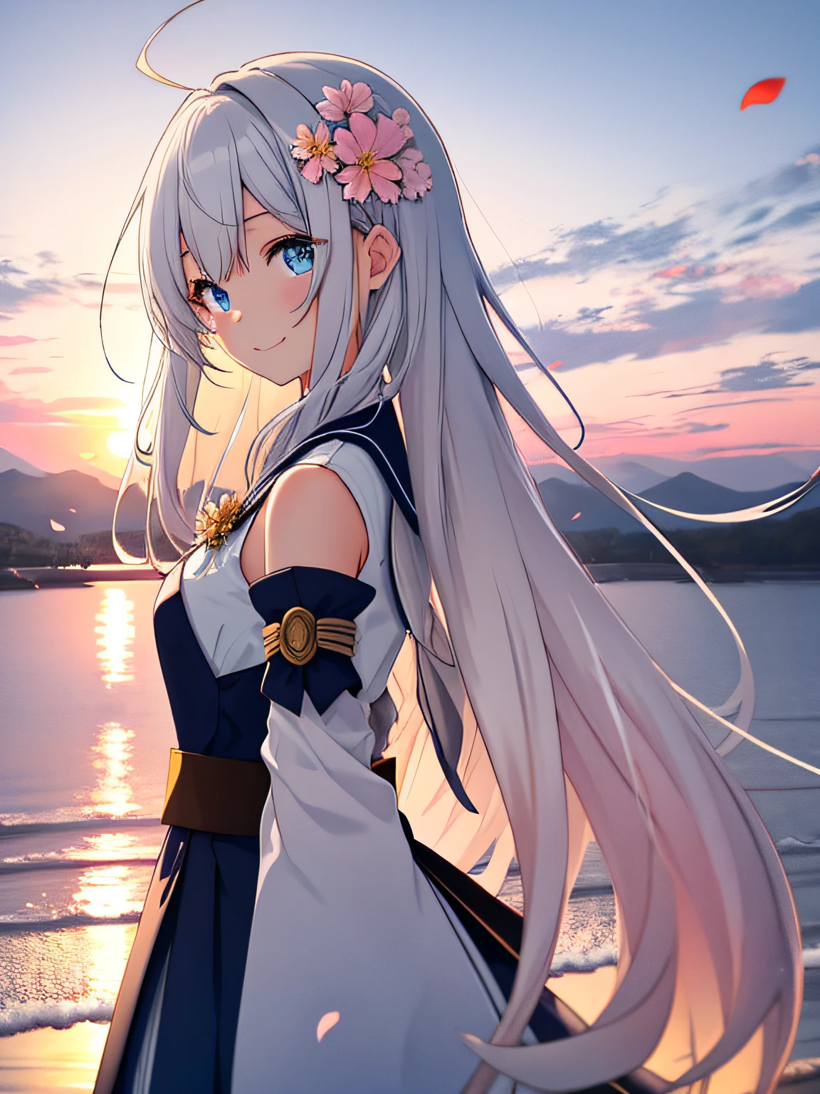 {{masterpiece}},best quality,1girl,solo,illustration,ahoge,young loli,gradient white hair,longhair,{{beautiful detailed eyes}},blue serafuku,looking_at_viewer,small breast,gradient  blue eyes,arms_behind_back,hair_flower,beautiful detailed sky,water,half body,sunset,flower_petals,detached_sleeves,smile,beautiful detailed hair,