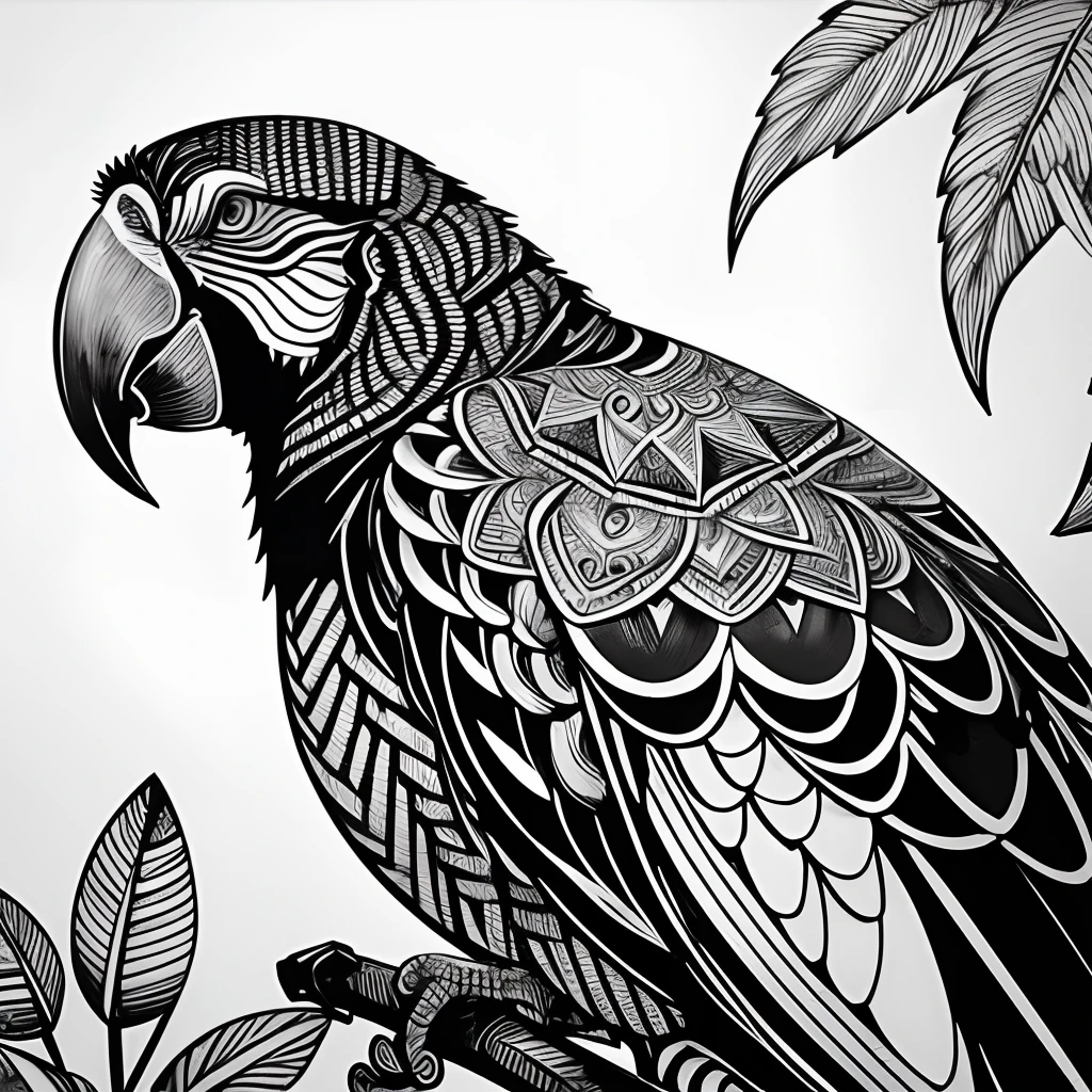 parrot, black and white, zentangle (best quality) ultra-detailed, fine line drawing, fine line art, coloring book illustration style, intricate linework, highly detailed illustration, perfect composition, beautiful and stunning, dynamic angle, high contrast, incredible shading, incredible detail, unique style, black and white details, (dark and mystical atmosphere), intricate and detailed nature elements.