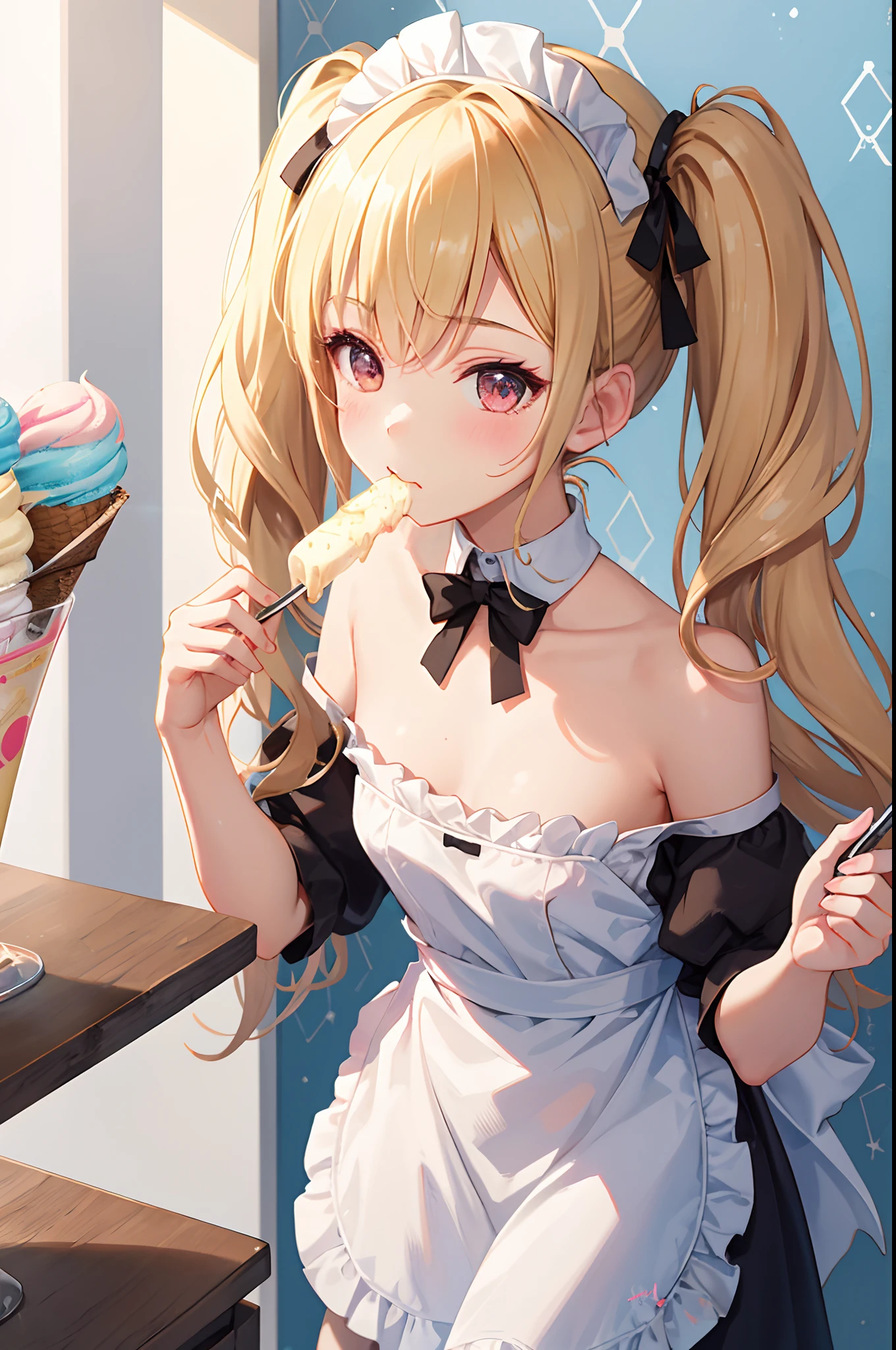 1girl, blonde hair, twintails, blush, makeup, eating ice cream, maid outfit, bare shoulders, ribbons, ice cream shop, light rays, (masterpiece), wallpaper,