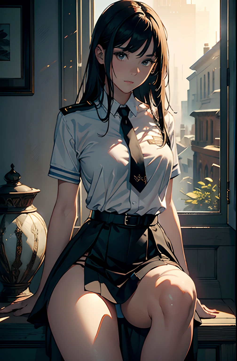 masterpiece, top-quality, The best illustrations, nffsw, beautiful detail, intricate detailes, Detailed landscapes, Dramatic light, Erotic look,Best Shadows, 1girl in, 28 year old,policewoman,Slit skirt,((Knee-length skirt)),No Underwear,open one's legs,detailed skin textures,Gripping the your,Tyndall effect,(NSFW:1)