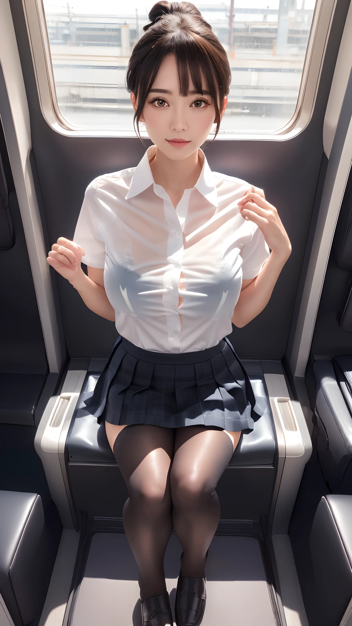 (8K, 超A high resolution, Best Quality, masutepiece:1.2),(18year old:1.2)、(Look away)、8K、RAW portrait of japanese girl、Photorealsitic、超A high resolution、top-quality、 (huge-breasted、Close all buttons on the shirt:1.4)(student clothes、Pure White Cutter Shirt、Pleated mini-skirt:1.4)、(Train seats、wide open to the sides of the feet:1.5) BREAK (Natural Skin Texture、Detailed skin、Hyper-Realism、ultra sharpness)、intricate detailes、depth of fields(Large opening in the thigh:1.2)、big eye、Thin makeup、bangss、Eye lashes、Crisp double、cheerful look、Dainty girl、Pure White Cutter Shirt、(Put a white shirt inside the skirt:1.3)、Show the armpits、Plaid pleated skirt(Black-haired chignon、Shiny legs、Black loafers、Black stockings:1.3)