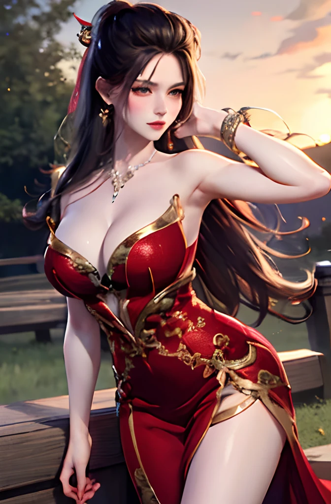unparalleled masterpiece, ultra realistic 8k CG, perfect artwork, ((perfect female figure)), narrow waist, looking at viewer, seductive posture, sexy pose, alluring, clean, beautiful face, pure face, pale skin, absurdly long hair, shiny skin, skindentation, delicate pattern, intricate detail, gorgeous, luxury,
1girl,solo,outdoors,large breasts,blush, naughty face, legs, realistic,skindentation,tree,forest, standing,
 ylj,red dress, bare shoulders, hair ornament,