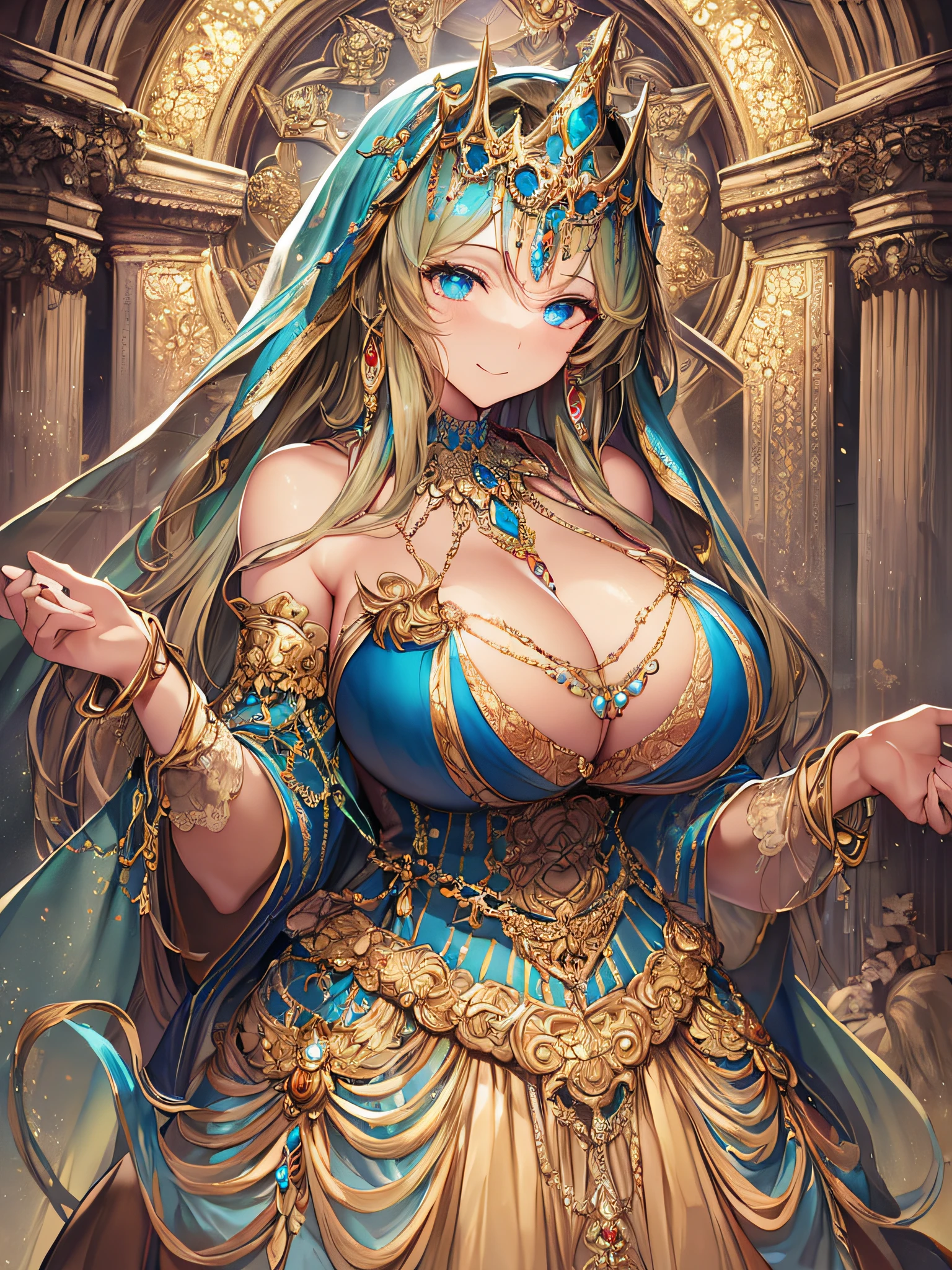 (anime artstyle),((Masterpiece,Best Quality,Super Detail,Very Delicate and Beautiful)),Solo,((full body,standing picture)),standing in the sacred cathedral,((Sacred atmosphere)),((1 holy High Priestess in beautiful embroidery and jeweled gorgeous rococo ballgown dress with voluminous full length hoop skirt)),(crinoline),gorgeousfull embroidery,(gorgeous gemstone jewelry),((gorgeousfull Sacred Veil)),(detailed face and eyes),jewel-like eyes,smile,((large amount of straight hair,extremely Long voluminous Hair)),((gigantic tits,Long tits,skindentation)),gorgeousfull embroidery,cleavage,extremely gorgeousfull hair ornament,(bling-bling extremely gorgeousfull jeweled tiara),gorgeous corsage,Stained glass,(Dynamic Angle),Looking at viewer,((full body)),((beautiful embroidery and jeweled gorgeous rococo ballgown dress with voluminous full length hoop skirt))