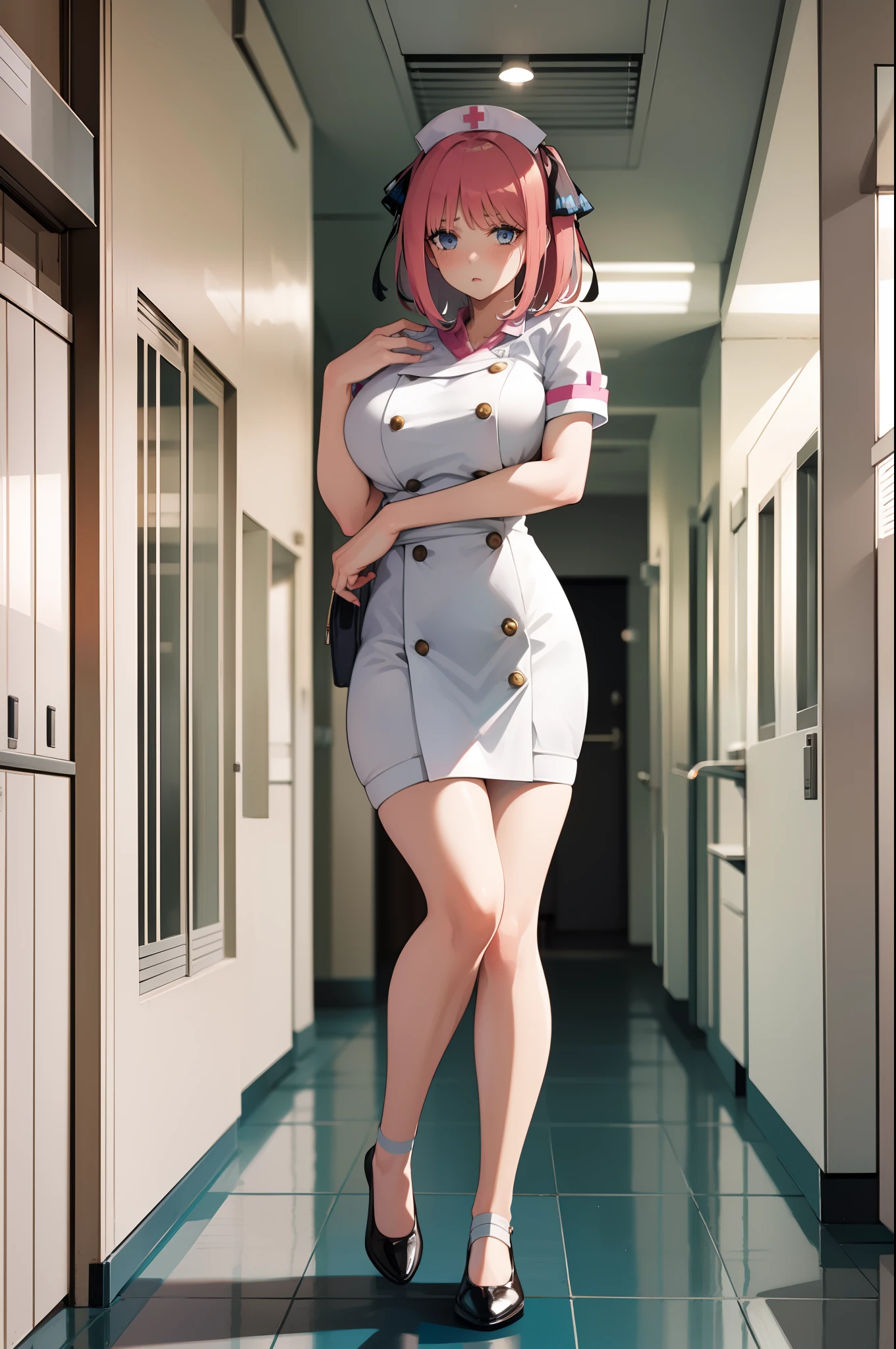 Full body shot of Lucy Pinder as an old British nurse in an immaculate white uniform from the 1960s stands in a hospital corridor, ihre Hand fest umklammert eine Injektionsspritze.