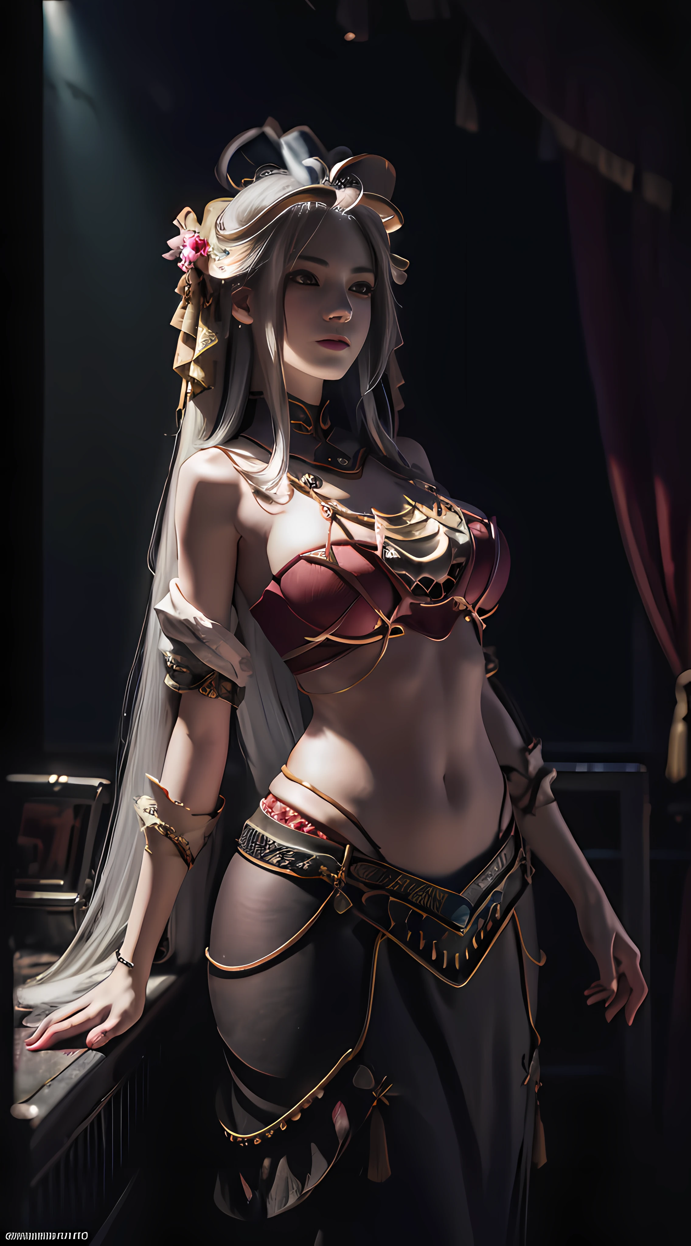 whaite hair, White hair, Messy hair, Very long hair, hair splayed out, Halo, crown, Hair ribbon, hair flower, Hair Bow, hair adornments, ribbon, hair bobbles, Gradient eyes, Pupil of the slit, Devil Eyes, Pointy ears,huge tit,Wide hips,Inguinal vest line flushed, nose blush, romanticism lain, High detail, Ukiyo-e, Chiaroscuro, Cinematic lighting, god light, Ray tracing, Look up close, f/16, Nikon, Sony FE GM, Masterpiece, hyper HD, Textured skin, Super detail, Award-Awarded, Best quality, A high resolution, 8K