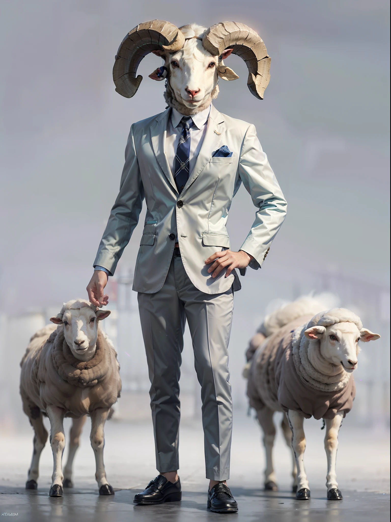 (((fullbody image、Standing posture)))、(Full body ram standing upright in luxury business suit、Humanoid sheep、Cool anthropomorphic ram with long legs)、masterpiece, top-quality, in 8K , intricate detailes, ultra-detailliert , light Particle、32K Digital Paint, Hyper-Realism, No background
