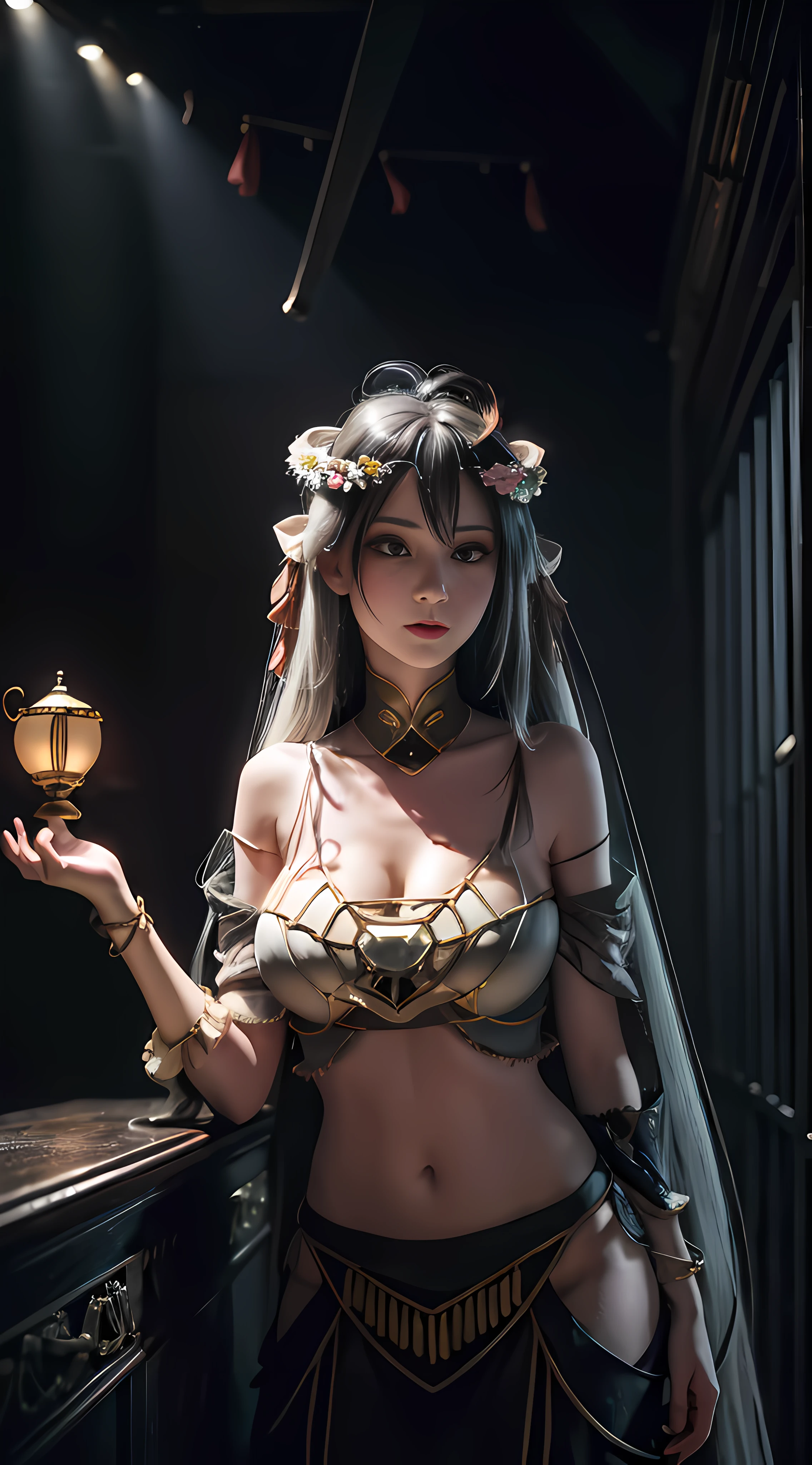 whaite hair, White hair, Messy hair, Very long hair, hair splayed out, Halo, crown, Hair ribbon, hair flower, Hair Bow, hair adornments, ribbon, hair bobbles, Gradient eyes, Pupil of the slit, Devil Eyes, Pointy ears,huge tit,Wide hips,Inguinal vest line flushed, nose blush, romanticism lain, High detail, Ukiyo-e, Chiaroscuro, Cinematic lighting, god light, Ray tracing, Look up close, f/16, Nikon, Sony FE GM, Masterpiece, hyper HD, Textured skin, Super detail, Award-Awarded, Best quality, A high resolution, 8K