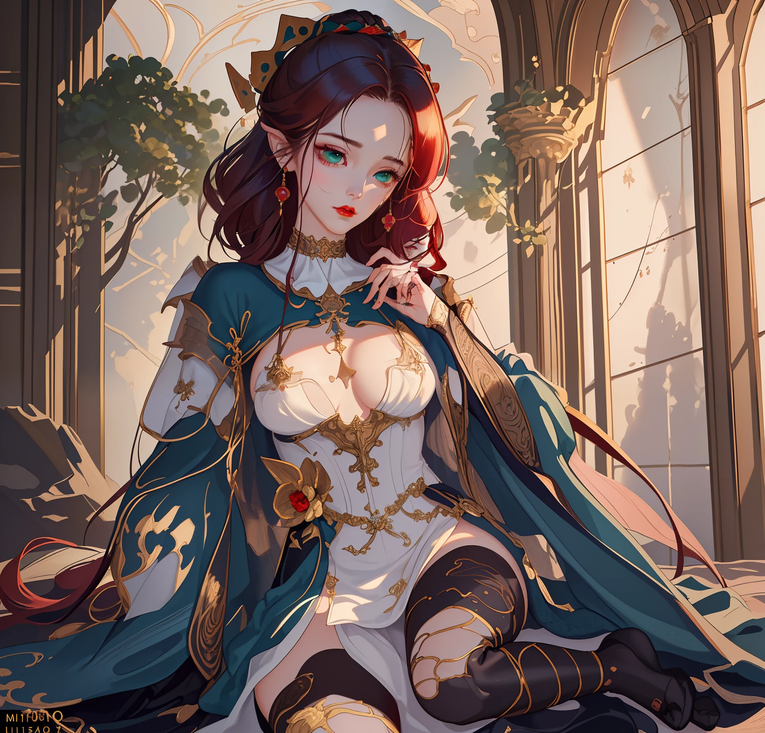 (masterpiece:1.2), (best quality1.2), detailed, ( sex:1.2), 1 girl wizard,(mature), open forehead,curly hair, (medium hair), red hair, green eyes, cape, thigh gap, small medium breasts, large hips, red lipstick, choker, (top-down bottom-up:0.8), (orc:1.2), (from behind)ultra detailed of a beautiful profile woman, bikini, 150 mm, beautiful studio soft light, vibrant details, lace, hyperrealistic, elegant, beautiful background, octane render, H. R. Giger style, 8k, best quality, masterpiece, illustration, an extremely delicate and beautiful, extremely detailed, wallpaper, (realistic, photo-realistic:1.37),Amazing, finely detail, masterpiece,best quality,official art, extremely detailed CG unity 8k wallpaper, absurdres, incredibly absurdres,  full body, sitting, Hentai.