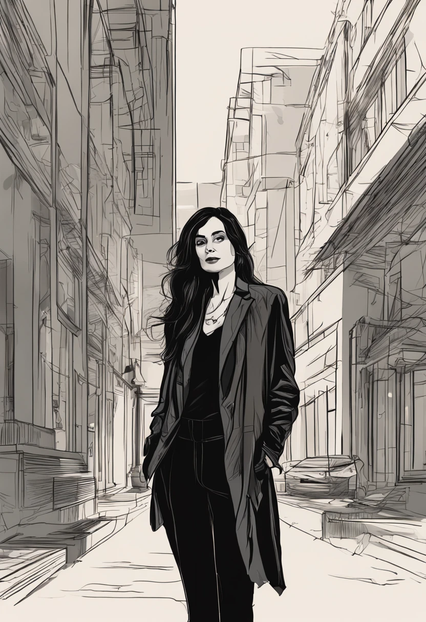 8K delicate perfect real 2D black long hair black eyes mature young woman wearing black suit, legs wearing black silk, delicate face, mature figure（Full body photo）Leaning against a white wall, looking ahead, his face is cold
