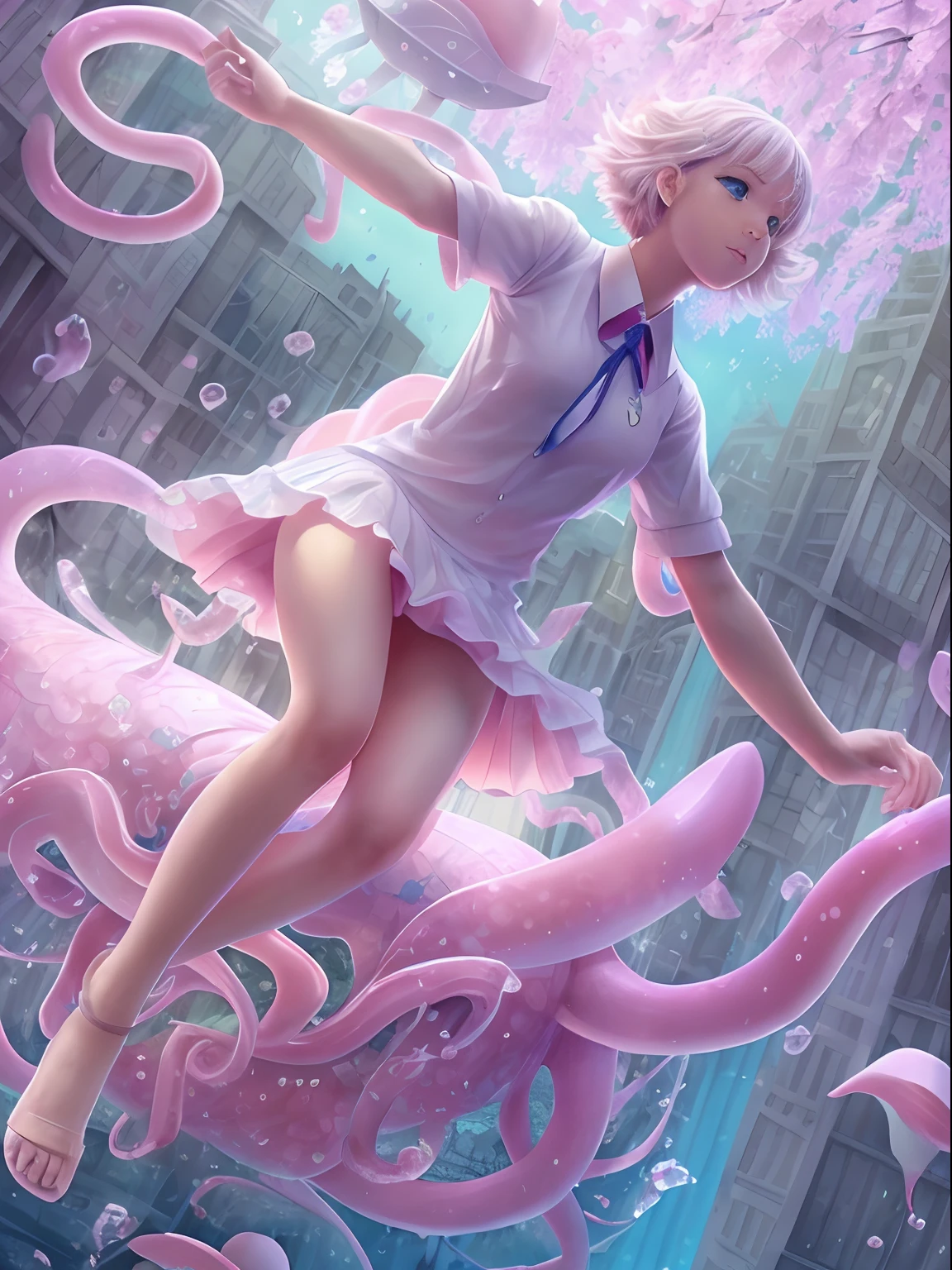 (Best Quality, Masterpiece: 1.1), (Realistic: 1.4), Beautiful naked girl is riding on the pink squid, god ray, teen, silver short hair, blue eyes, full body, from below, hourglass body shape, flying over the park, crystallineAI, fractal art, splash