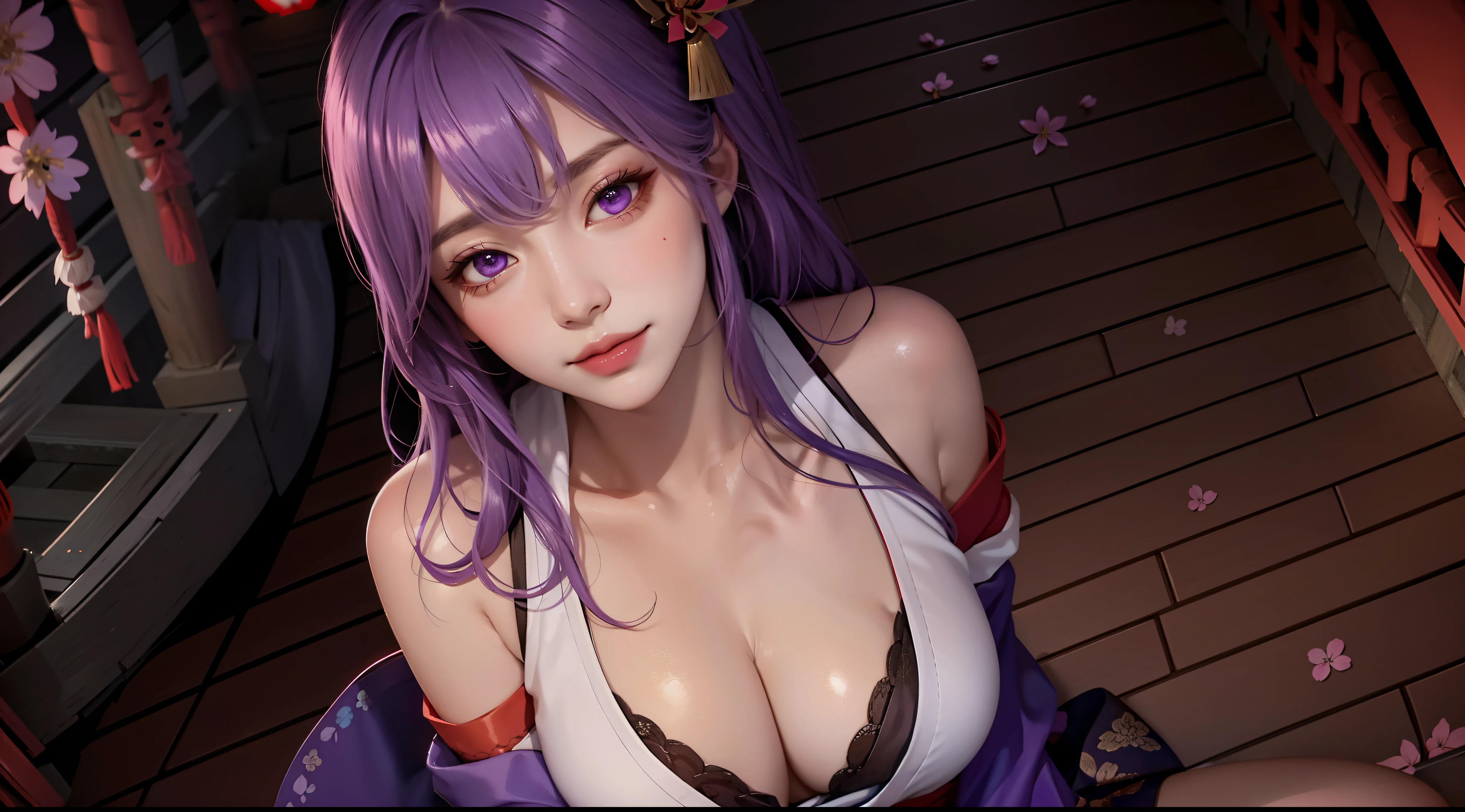 （t masterpiece, Need,1girll, Solo, Intricate details, Looking up perspective, color difference), real photo,(facade), (shoulder cut), cleavage, Close-up, smile, Sexy enhancement,Yae Miko, Purple blue hair, purple blue accents, purple eyes, sharp look, perfectly symmetrical figure, neon shirt, revealing jacket, sweater, leaning against the wall, brick wall, scribbles, dim lights, alleyway, looking at the viewer.（（evil streaks, cleavage is seductive, big breasts are enchanting)），（（（cherry blossom background) )),((((Japanese temple background)))), (((Shine in- dark background)))