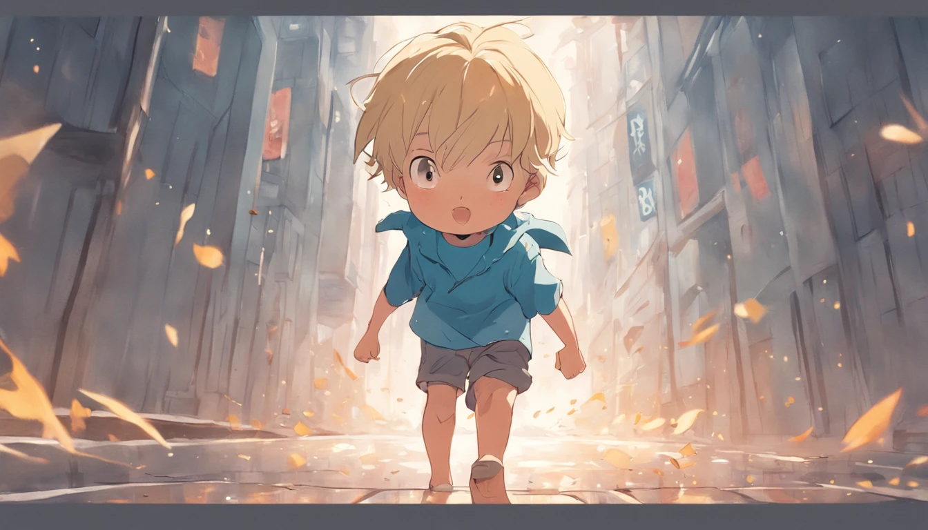 the little explorer, various poses and expressions on white background, children's book illustration style, simple, cute, 6 , colors, short blond hair, plain color, blue short-sleeved shirt, denim shorts without belt, without hat, without book, no glasses, no backpack