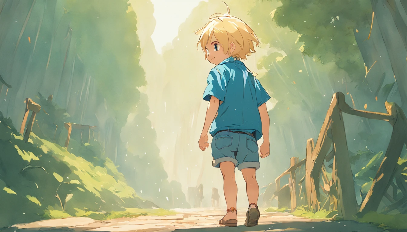 the little explorer, various poses and expressions on white background, children's book illustration style, simple, cute, 6 years old, colors, short blond hair, plain color, blue short-sleeved shirt, denim shorts without belt, without hat, without book, no glasses, no backpack