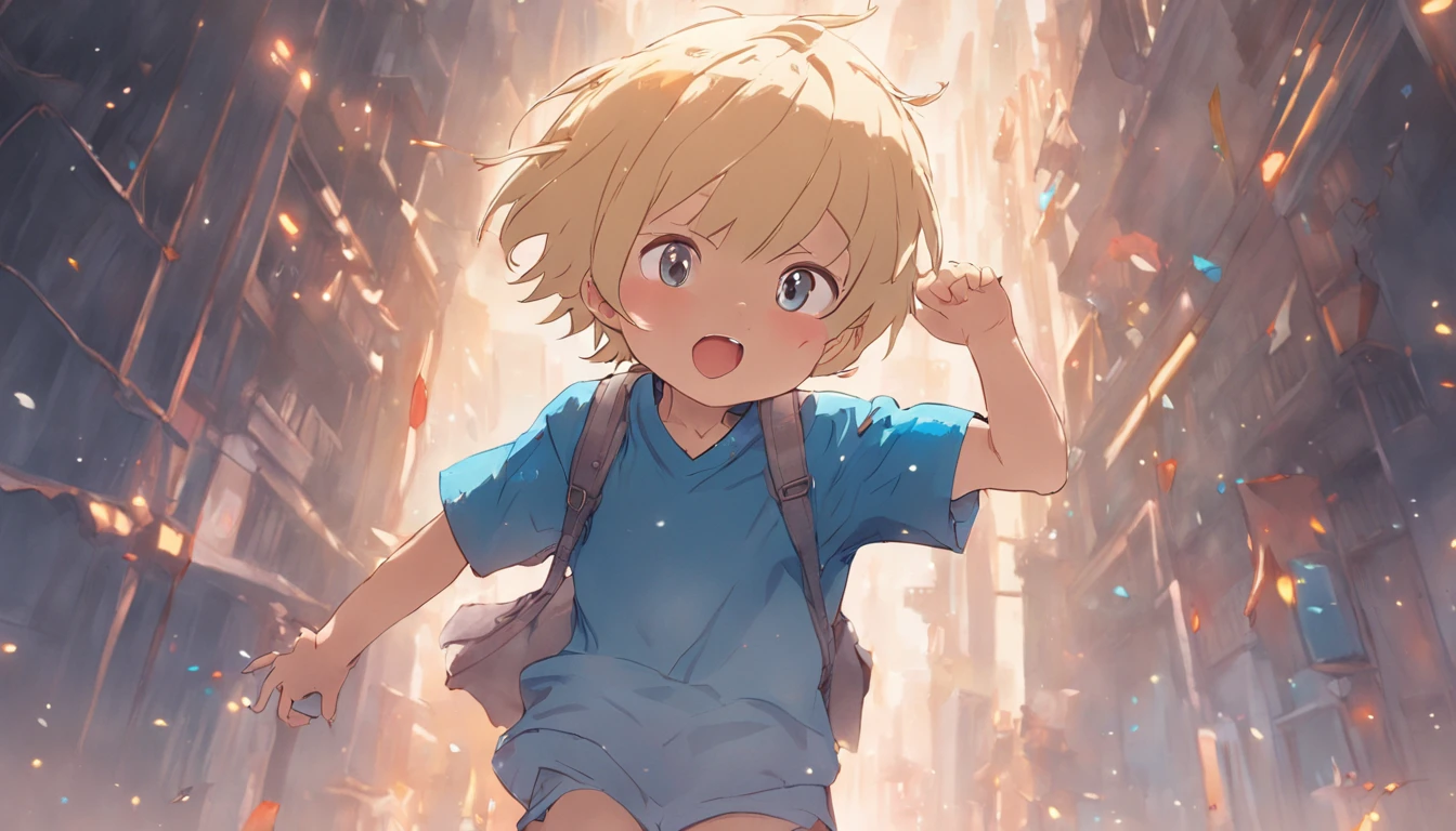 the little explorer, various poses and expressions on white background, children's book illustration style, simple, cute, 6 years old, colors, short blond hair, plain color, blue short-sleeved shirt, denim shorts without belt, without hat, without book, no glasses, no backpack