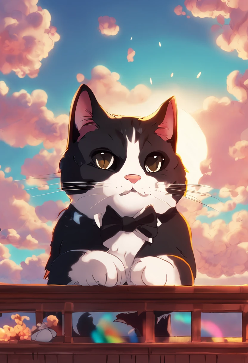 masterpiece, best quality, movie still, cute, tuxedo cat, tuxedo cat cloud, floating in the sky, close-up, bright, happy, warm soft lighting, ghibli style, anime, book, sunset, (sparks:0.7)
