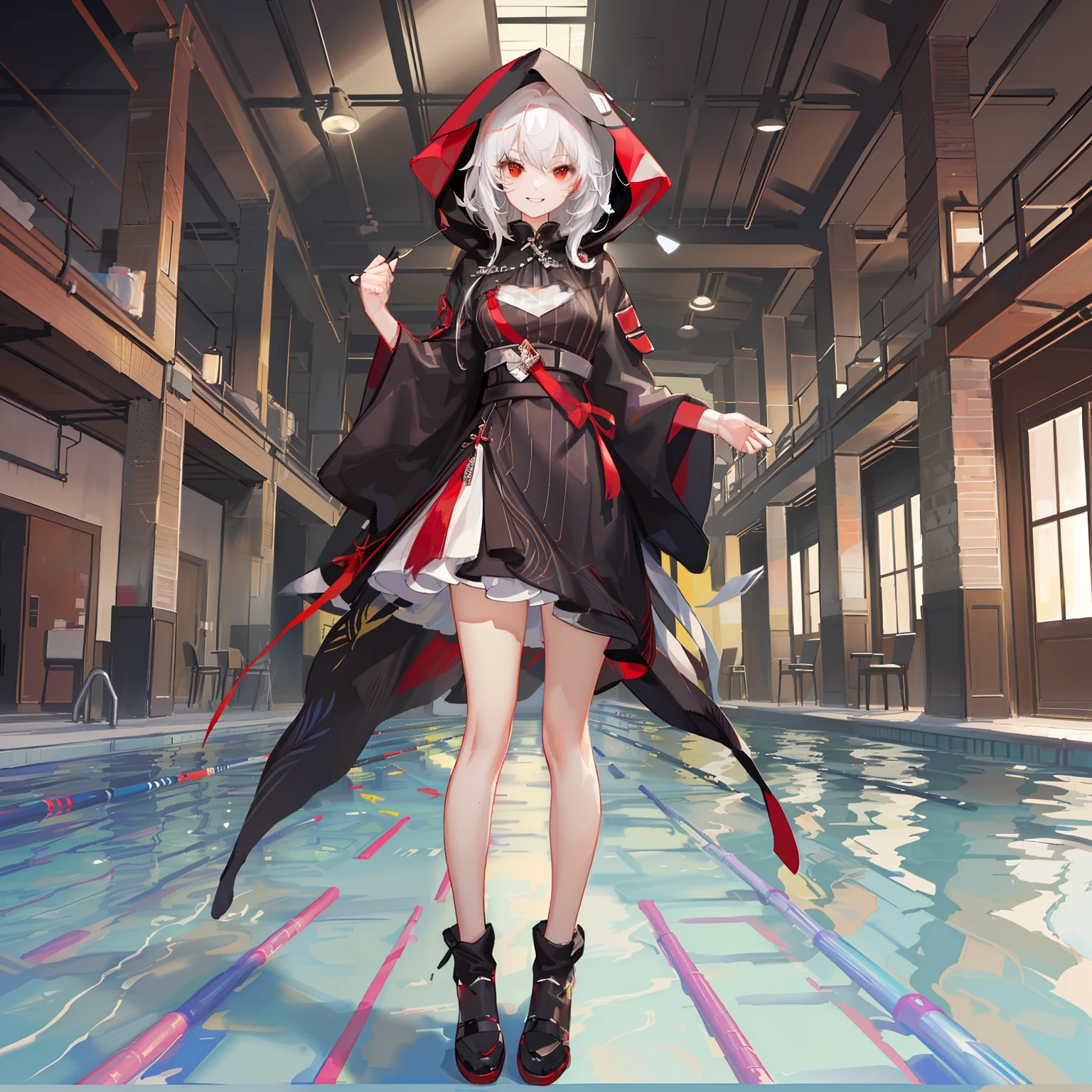 maiden, Backless legs, A cheerful smile, Round Thread Red Road Striped Black Robe, hood, head, red eyes, long white hair, standing posture, Full body, Pool, Holy Girl