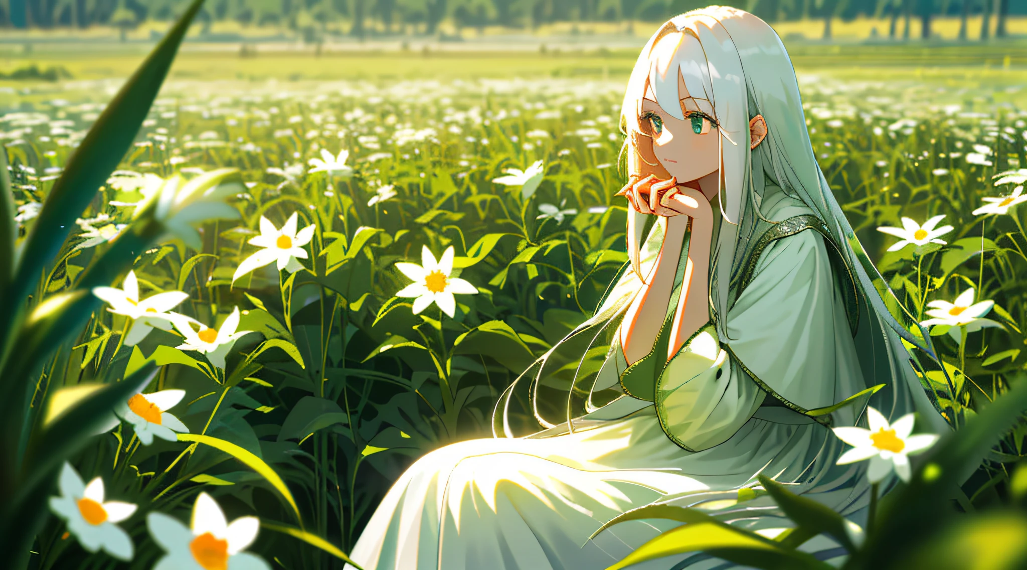 (masterpiece, best quality),1girl with long white hair sitting in a field of green plants and flowers, her hand under her chin, warm lighting, white dress, blurry foreground