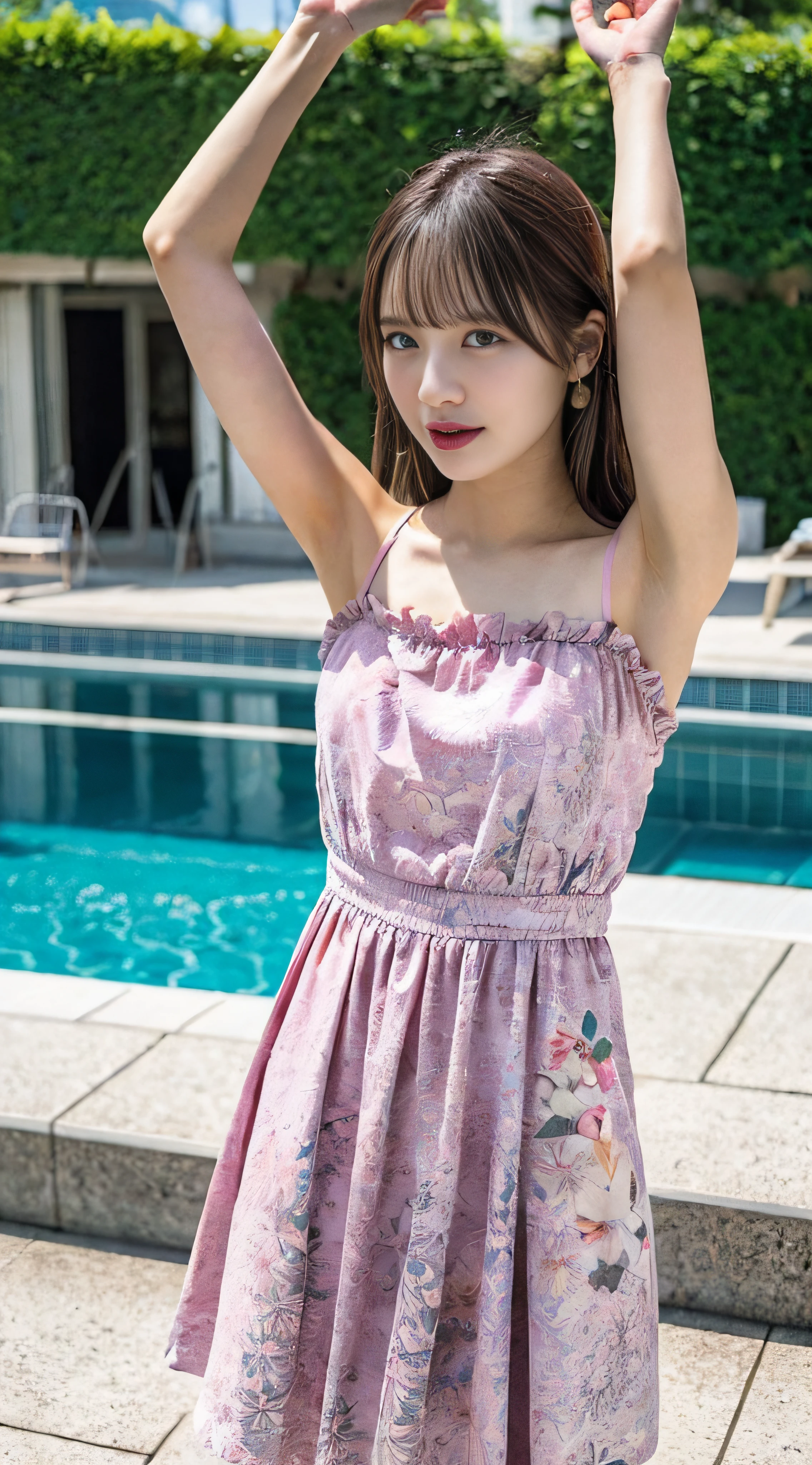 (8K、Raw photography、top-quality、masterpiece:1.2)、32K、ultra res、fully body photo、(Composition from the knee up:2.0)、medium distance shot、body facing forward:2.0、Full body portrait、rialistic photo、((Pink Floral Camisole Long Dress:1.6))、(realisitic、Photorealsitic:1.37)、超A high resolution、depth of fields、Soft lighting、Caustics、Canon EOS、masterpiece、ultra-detailliert、pylons、(8K、Raw photography、top-quality、masterpiece:1.2)、32K、ultra res、rialistic photo、(realisitic、Photorealsitic:1.37)、超A high resolution、depth of fields、Caustics、Canon EOS、masterpiece、ultra-detailliert、fully body photo、1girl in、独奏、in poolside、Slender Abs、flat breast、small tits、Bust 70 cm、Hip 82 cm、Slender body、big breasts thin waist、The crotch is clear、tiny chest、small hip、Model grade ratio、Vibrant poses、Super cute full body photo、1girl in、Long hair swaying in the wind:1.4、is standing、in poolside、Slender Abs、Waist 52 cm、flat breast、small tits、Bust 70 cm、Hip 82 cm、Slender body、big breasts thin waist、tiny chest、small hip、Model grade ratio、Vibrant poses、Super Cute