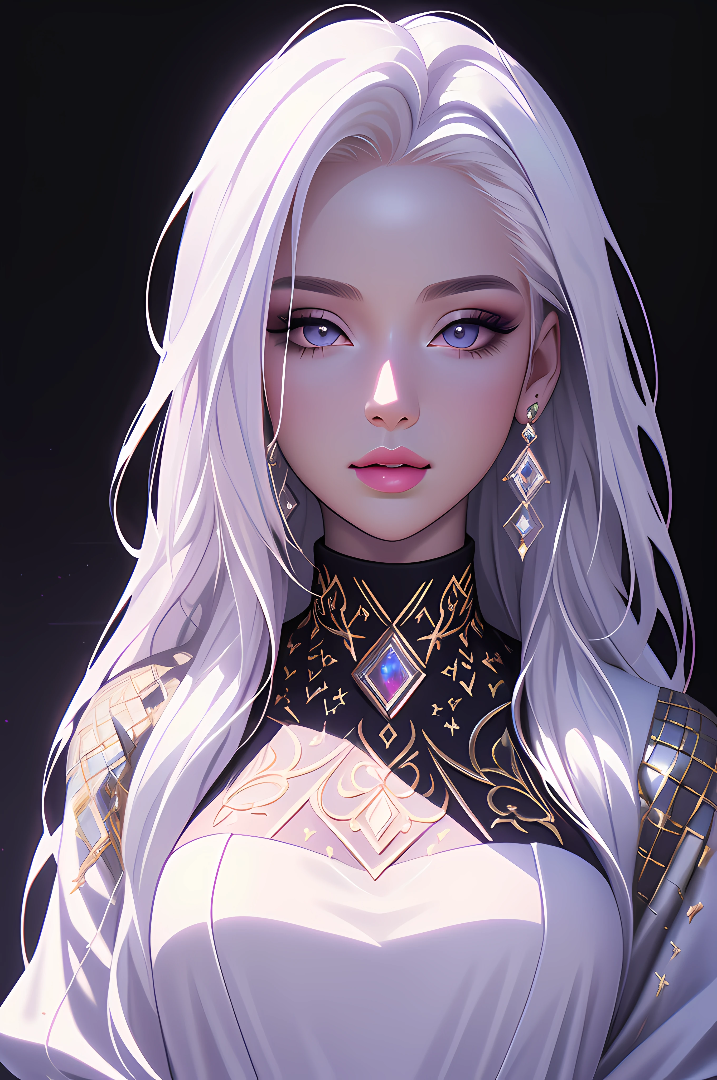 (masterpiece, sidelighting, finely detailed beautiful eyes: 1.2), 3d face, realistic, perfect face, masterpiece, highest quality, approaching perfection, (perfect face:1.1), (high detail:1.1), dramatic, (woman), pale skin, (long pure white hair:1.4), white eyes, solo, long hair, white luxury fur coat, white dress, snob, albino, Luminous Studio graphics engine, pouty lips, volumetric lighting, detailed eyes, (8k wallpaper masterpiece), hyper detailed, intricately detailed, overwhelmingly pixel perfect, roses, fashion, on side, looking at viewer