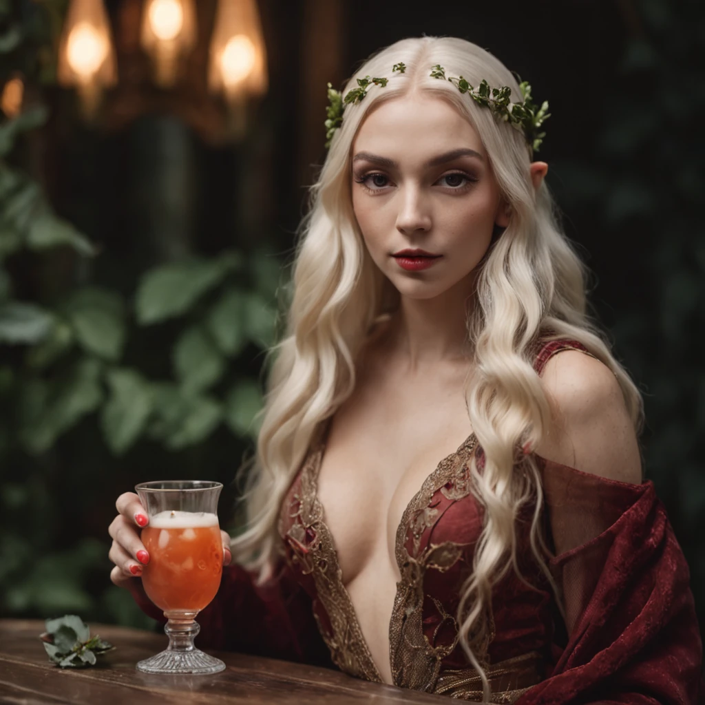 120mm photograph medium format film photography Kodak portra hot fantasy elven prostitute with straight blonde hair arching sideways on an intricate medieval table full of exotic drinks and fruits, intricate silk robe, lustfull, steamy, warm, dark fantasy, low angle shot, lit by candlelight, low light, back lighting, high contrast, dark night,