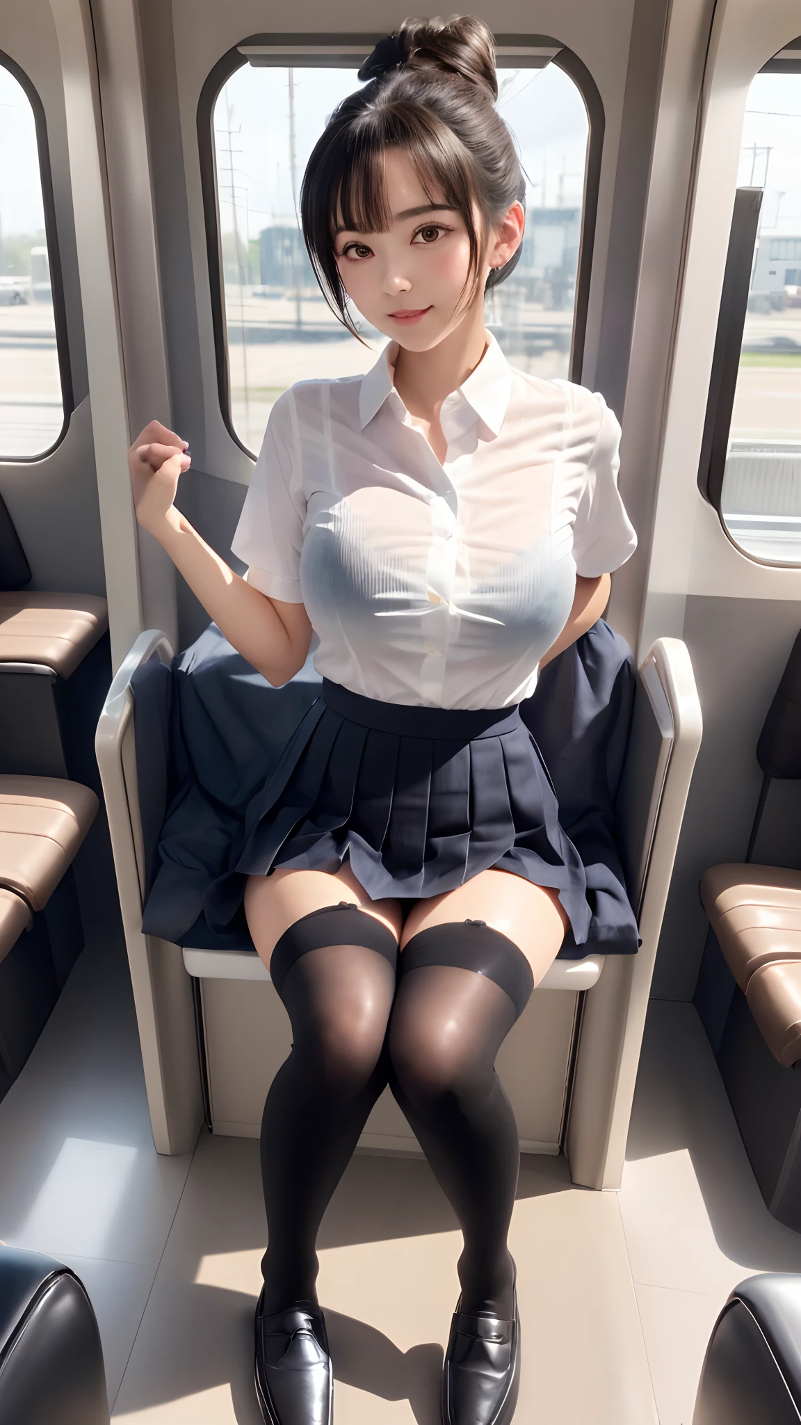 (8K, 超A high resolution, Best Quality, masutepiece:1.2),(18year old:1.2)、(Look away)、8K、RAW portrait of japanese girl、Photorealsitic、超A high resolution、top-quality、 (huge-breasted、Close all buttons on the shirt:1.4)(student clothes、Pure White Cutter Shirt、Pleated mini-skirt:1.4)、(Train seats、wide open to the sides of the feet:1.5) BREAK (Natural Skin Texture、Detailed skin、Hyper-Realism、ultra sharpness)、intricate detailes、depth of fields(Large opening in the thigh:1.2)、big eye、Thin makeup、bangss、Eye lashes、Crisp double、cheerful look、Dainty schoolgirl、Pure White Cutter Shirt、(Put a white shirt inside the skirt:1.3)、Show the armpits、Plaid pleated skirt(Black-haired chignon、Shiny legs、Black loafers、Black stockings:1.3)