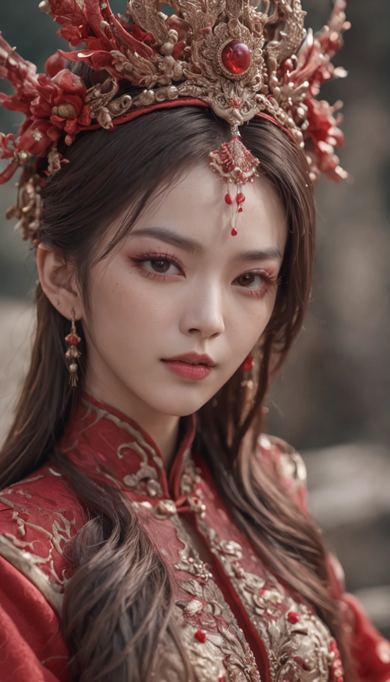 jianjue,wanjianguizong,16k,masterpiece,textured skin,multiple swords,embellished costume,Award winning photos, extremely detailed, stunning, intricate details, absurd, highly detailed woman, extremely detailed eyes and face, dazzling red eyes, detailed clothing,ultra long sleeves,dingxianghua,QMSJ,candy-coated,in the style of saturated pigment