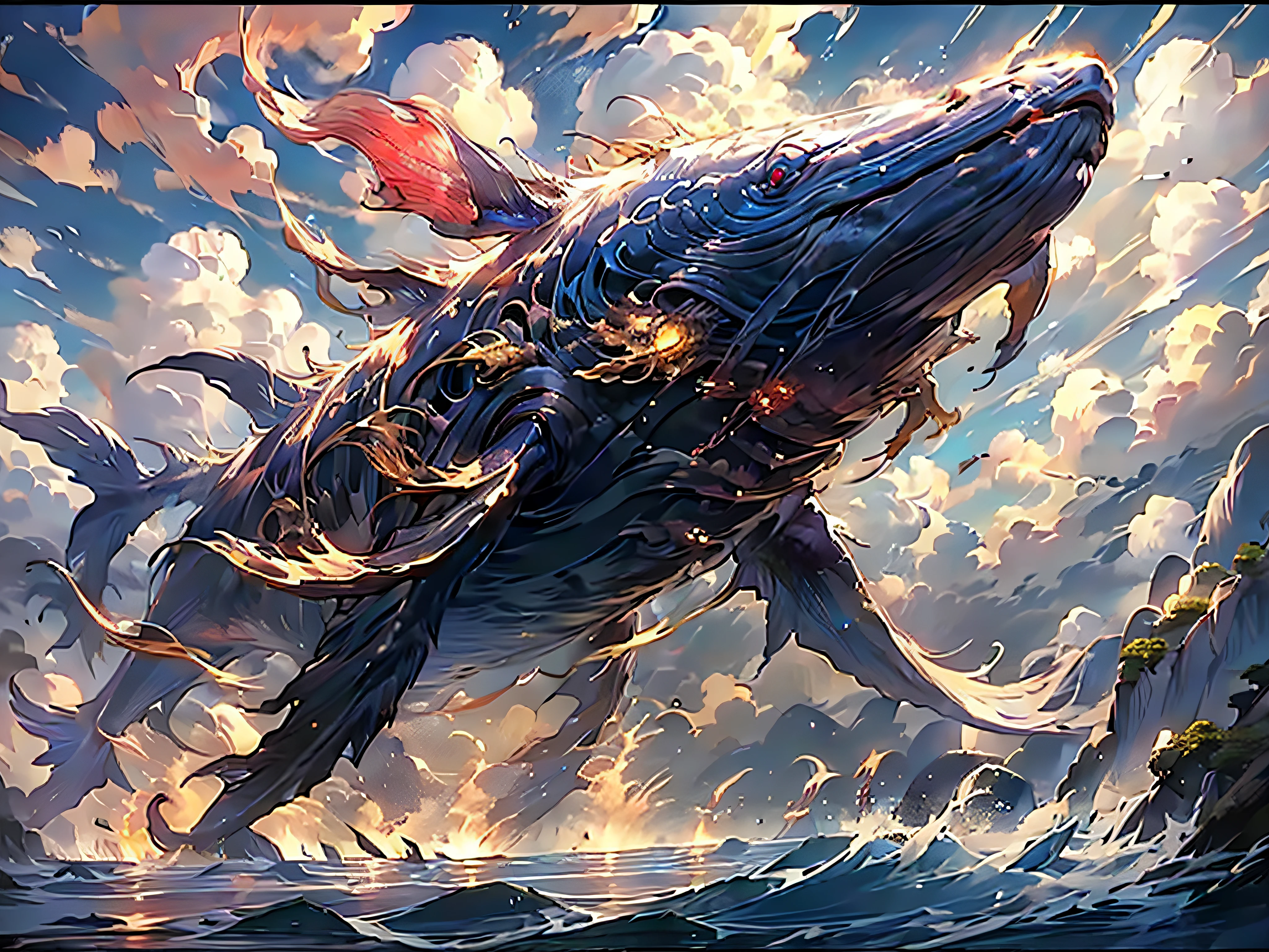 kun,Masterpiece, ultra high resolution, artwork, 3D, CG, Unreal Engine 5, Chinese mythology, red carp occupying the sky with huge body contrast, lateral body, huge fear, long fins, open mouth, sharp teeth, lightning, exquisite details, sparkling sunrise effect, light and shadow effect, scenery in the sky, scenery around clouds, bright and rich epic contrast style clock, Inspired by the realistic details in anime and character design, the film background, light yellow foreground, and low angle perspective of 32kextreme create realistic and delicate golden details in the manga.