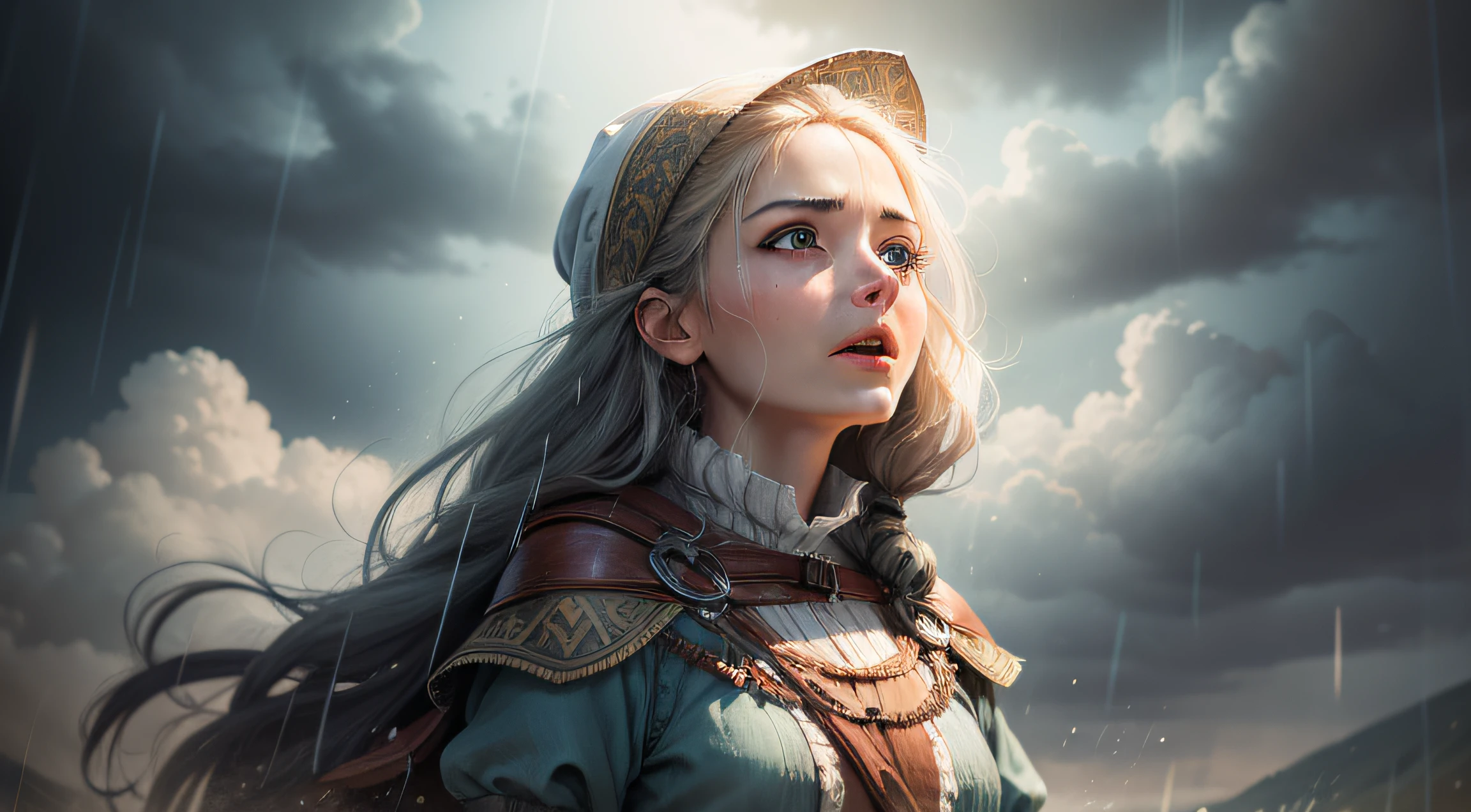 "Create an illustration of an ancient traveling woman looking with amazement at the manna rain falling from the sky, with expressions of surprise and gratitude."