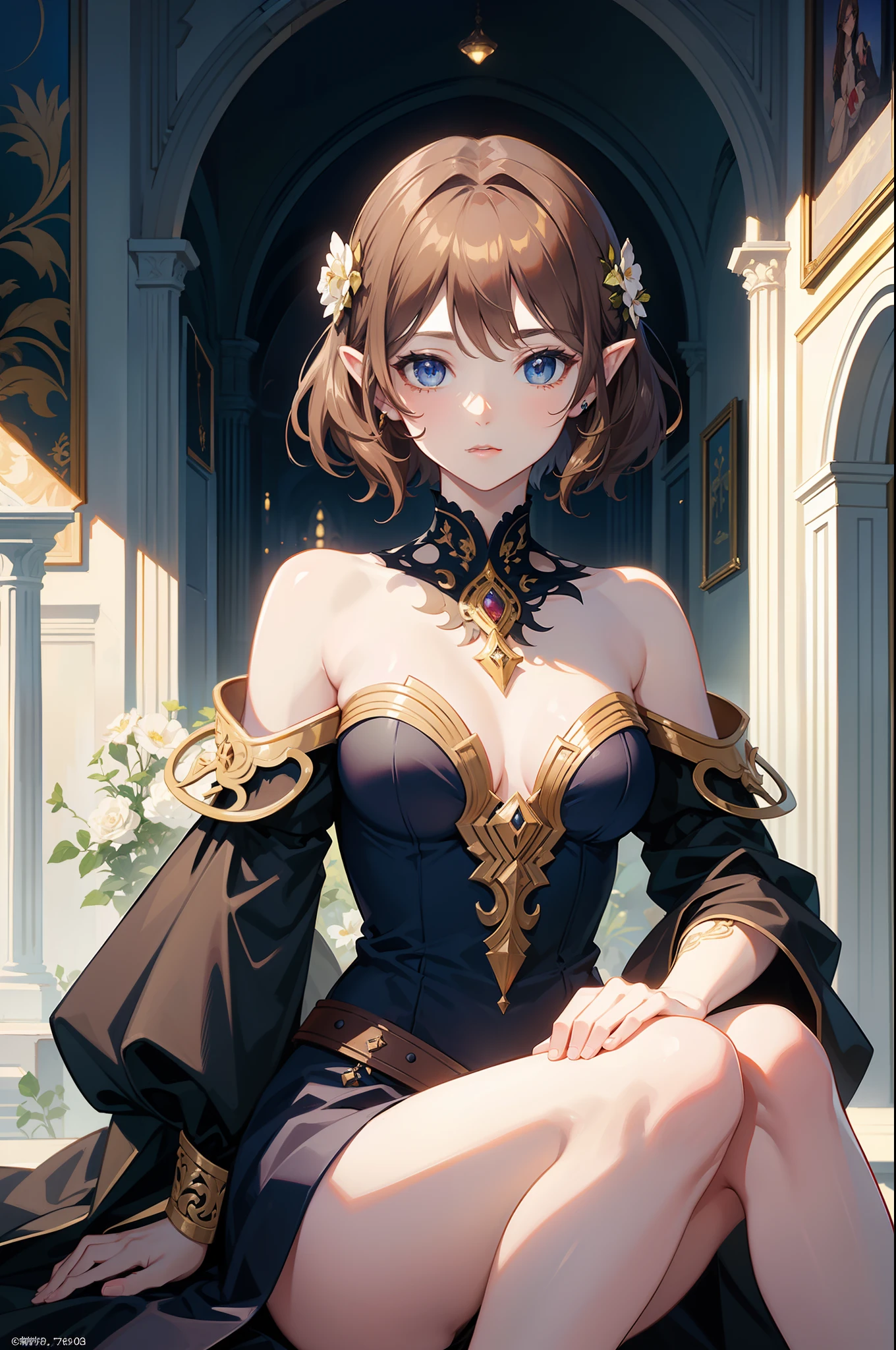 Official Art, Masterpiece European female, elvish, short hair, pale brown hair , brown eyes, (​masterpiece、top-quality、hight resolution: 1.4),in 8K, Drawing of a woman with short pale brown hair, Anime Art Nouveau, highly detailed exquisite fanart, anime fantasy illustration, clean detailed anime art, detailed anime art, Sharp Focus, Delicate Beautiful Hair and Eyes and Face, realisitic, ultra-detailliert, flower garden, only one person