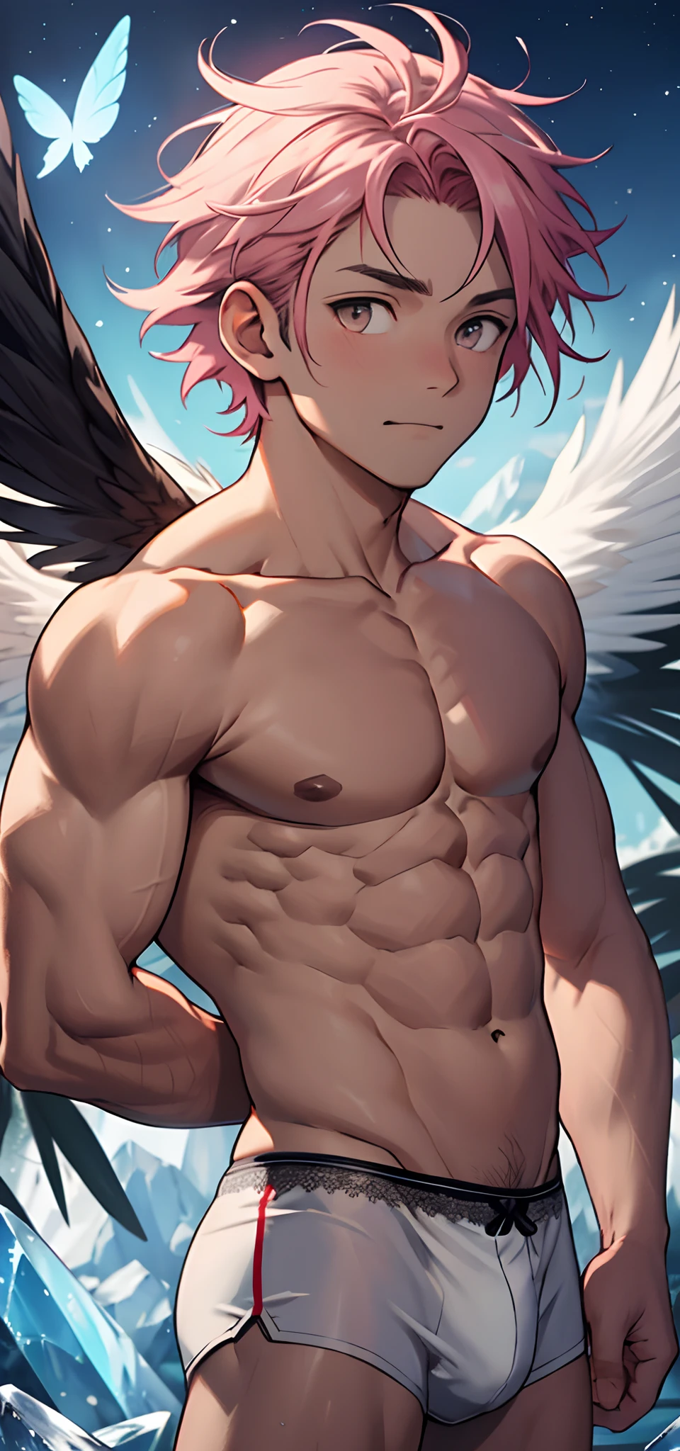 (masterpiece, best quality),Male children,nakeness,A pink-haired,A young boy with,younge boy,Kid's face,adolable,infancy,Young age,Short round face,Flat chin,children's,infancy,(Kid's face),Land of Crystals,ice field,Pink belly hair,Pink chest hair,Pink pubic hair,Young age,Flat chin,The body is covered with black feathers,Fine face in detail,Clean skin,White men's briefs,musculous,pink short hair,Bright Hair,White eyes,Keep your eyes wide open,nakeness,White briefs,White briefs,Pectoralis abdominal muscles,being thin,Strong and well-developed muscles,Butterflies with feather-like wings shimmer with crystal-like brilliance,Bright and vivid colors,(depth of fields:1.2),Positive audience,looking at viewert,Black feathers fall on the body,the night,Holy,Light-sensitive,byself