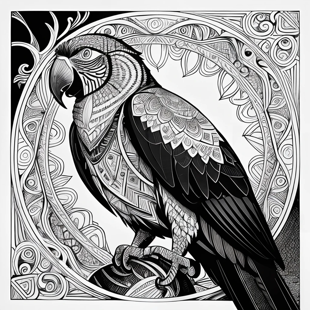 parrot, black and white, zentangle (best quality) ultra-detailed, fine line drawing, fine line art, coloring book illustration style, intricate linework, highly detailed illustration, perfect composition, beautiful and stunning, dynamic angle, high contrast, incredible shading, incredible detail, unique style, black and white details, (dark and mystical atmosphere), intricate and detailed nature elements.